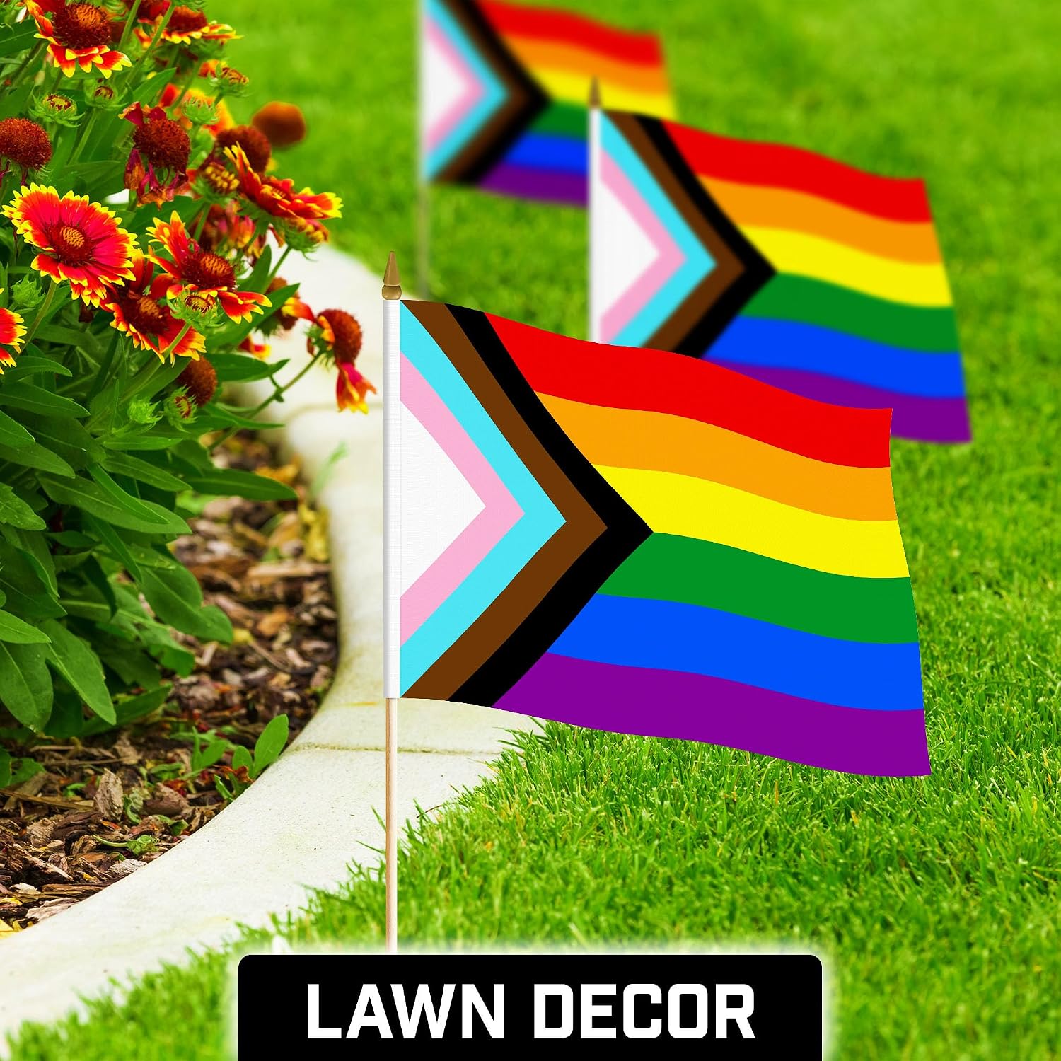 G128 12 Pack Handheld LGBT Progress Rainbow Pride Stick Flags | 12x18 In | Printed 150D Polyester, Social Flag, Solid Wooden Stick, Spear Gold Tip image 3