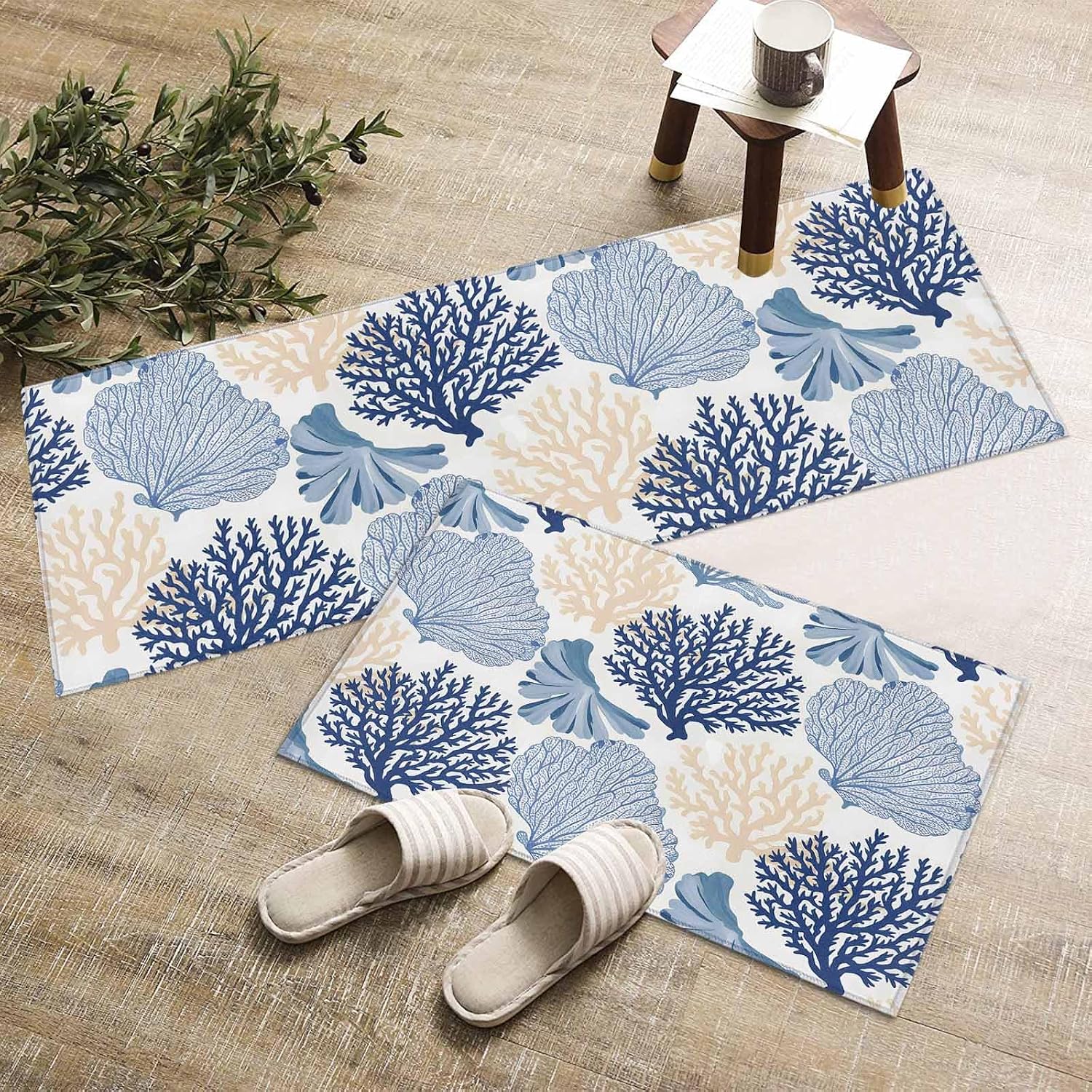 Kitchen Mats for Floor Undersea Blue Beige Ocean Coral Washable Non Slip Kitchen Rugs 2PCS, Marine Life Seaweed Absorbent Standing Mats for Sink Bathroom Office Living Room 15.7x23.6in+15.7x47.2in