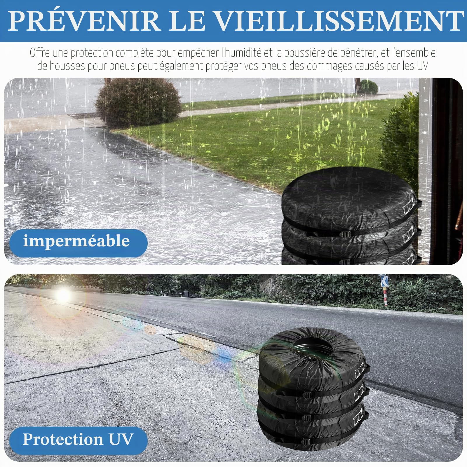 Lot de 4 sacs à pneus de 19-23 pouces - Housse de protection pour pneus étanche à l'eau et à la poussière - Pour le stockage, le transport, la protection solaire et le nettoyage - Noir