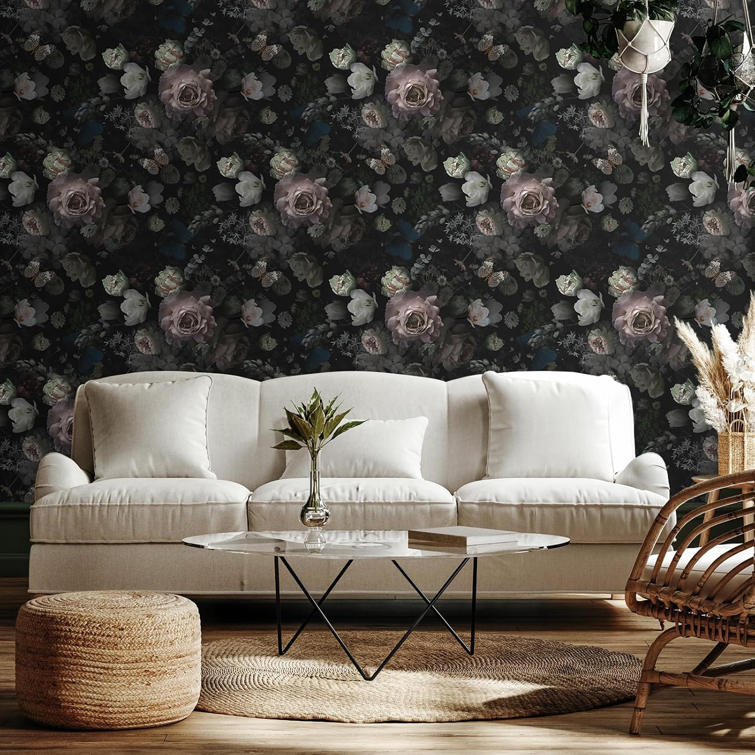 VEELIKE Moody Floral Peel and Stick Wallpaper Vintage Dark Floral Wallpaper for Bedroom Bathroom 17.7''x354'' Removable Self Adhesive Butterflies Flower Wall Paper for Living Room Accent Wall Mural