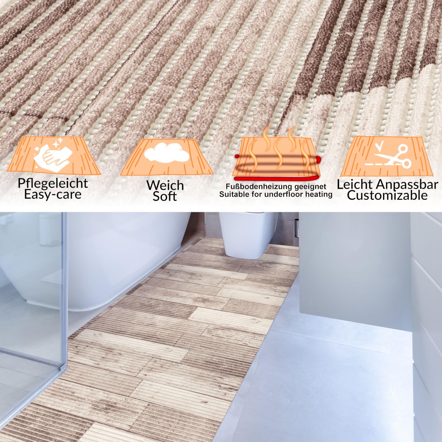 ANRO Tapis de bain en mousse souple antidérapant - Pour salle de bain, douche, WC - Bois - 400 x 65 cm
