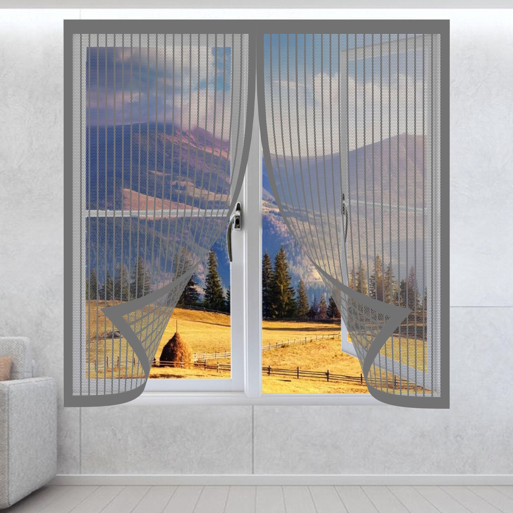 Magnetic Fly Screen Window 165 x 175 cm with Selfadhesive Magnetic Window Fly Screen Insect Mesh Custom Size for Living Room Bedroom Offfice, Grey