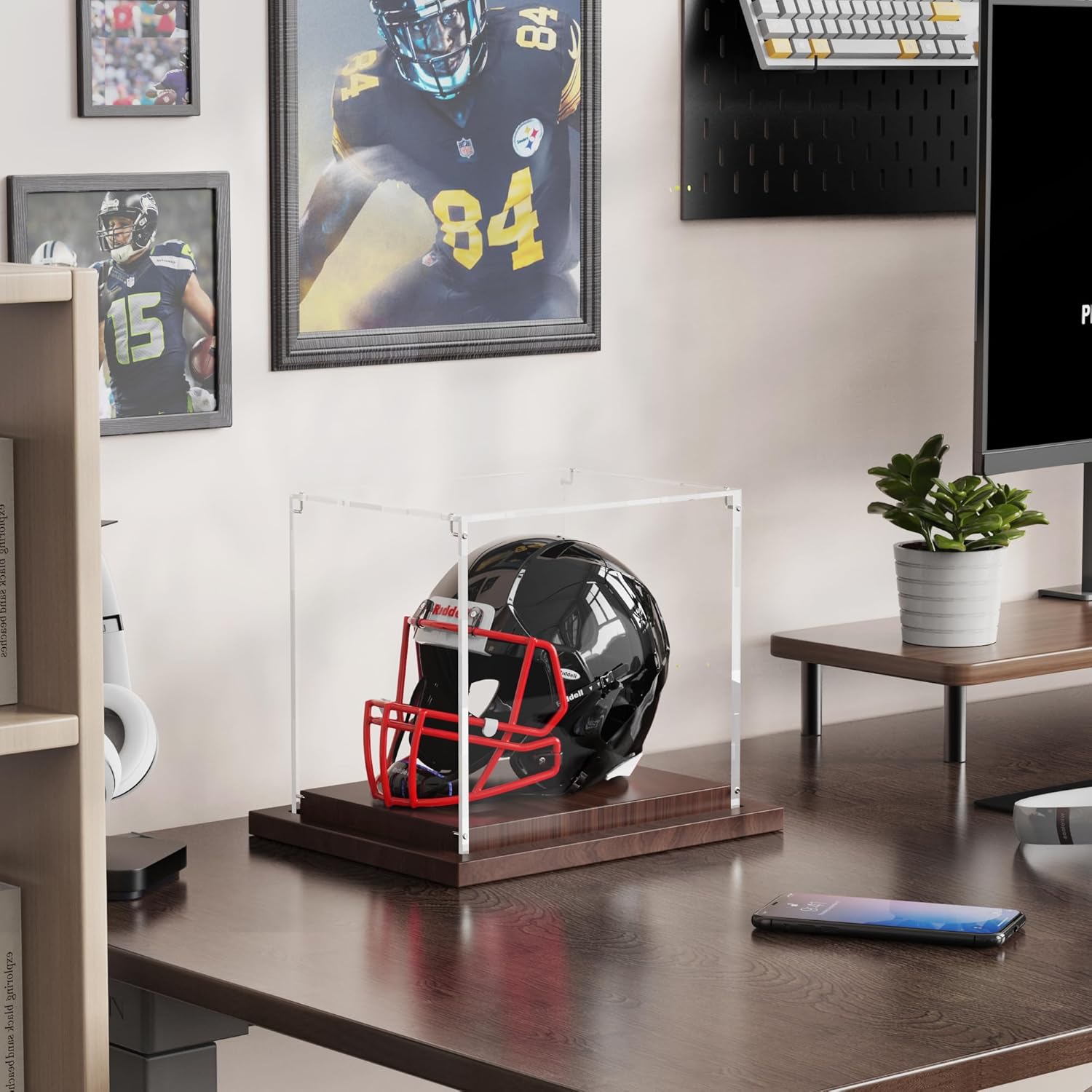 VGMiu Mini Helmet Display Case with Wood Base, Clear Acrylic Football Helmet Display Case Dustproof Box for Helmets, Sports Collectibles, Memorabilia Displays