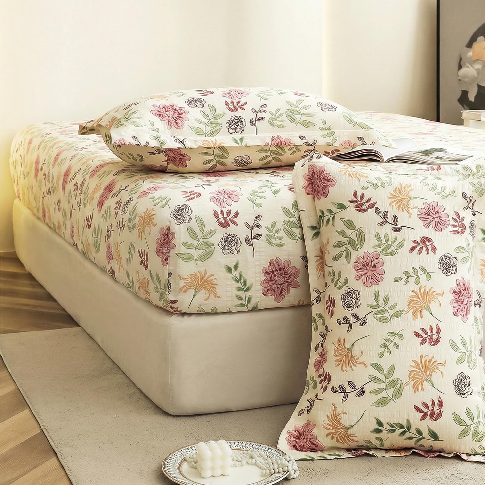 Story@Home Cloud Cotton Fitted BEDSHEET (72 X 78 Inch) 360 Elastic King Size with 2 Pillow Covers | Super Soft Bed Sheet for King Size Bed Floral Design (White, Pink)