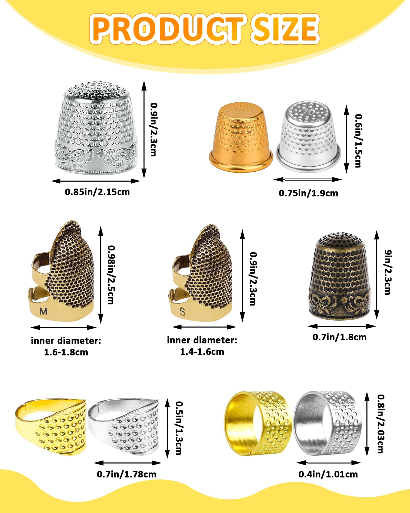 FIVEIZERO Kit de dedales: dedales de costura para coser a mano, protectores de dedos de metal, anillo de dedal para acolchado, incluye enhebrador de agujas, agujas de bordar, desgarrador de costuras,