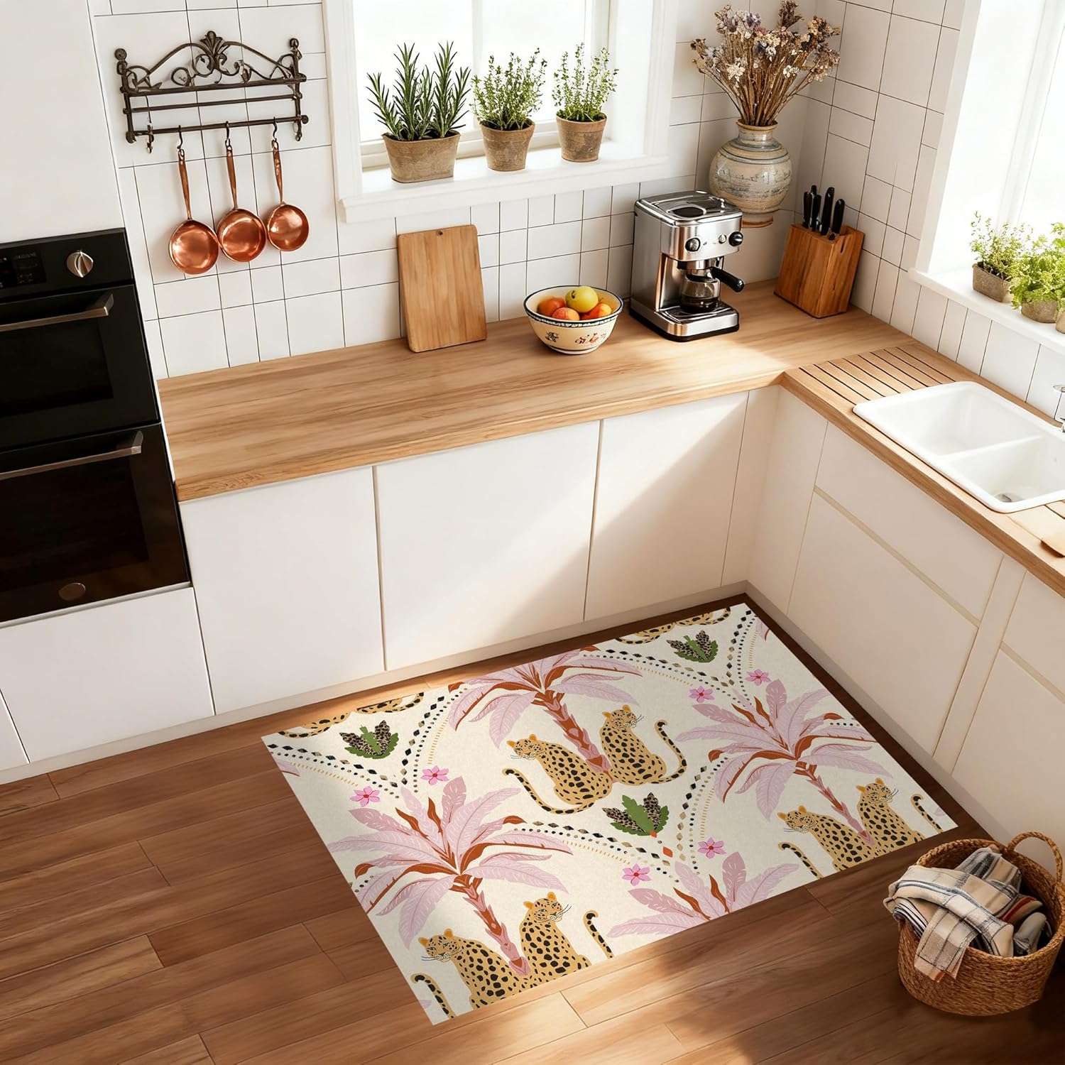 Cream Leopard Rug 2'x3' Washable Cheetah Floral Area Rug for Kitchen Bathroom Nursery Entryway Non Slip Retro Tropical Theme Doormat Jungle Animal Print Floor Mat Bohemian Palm Trees Throw Rug