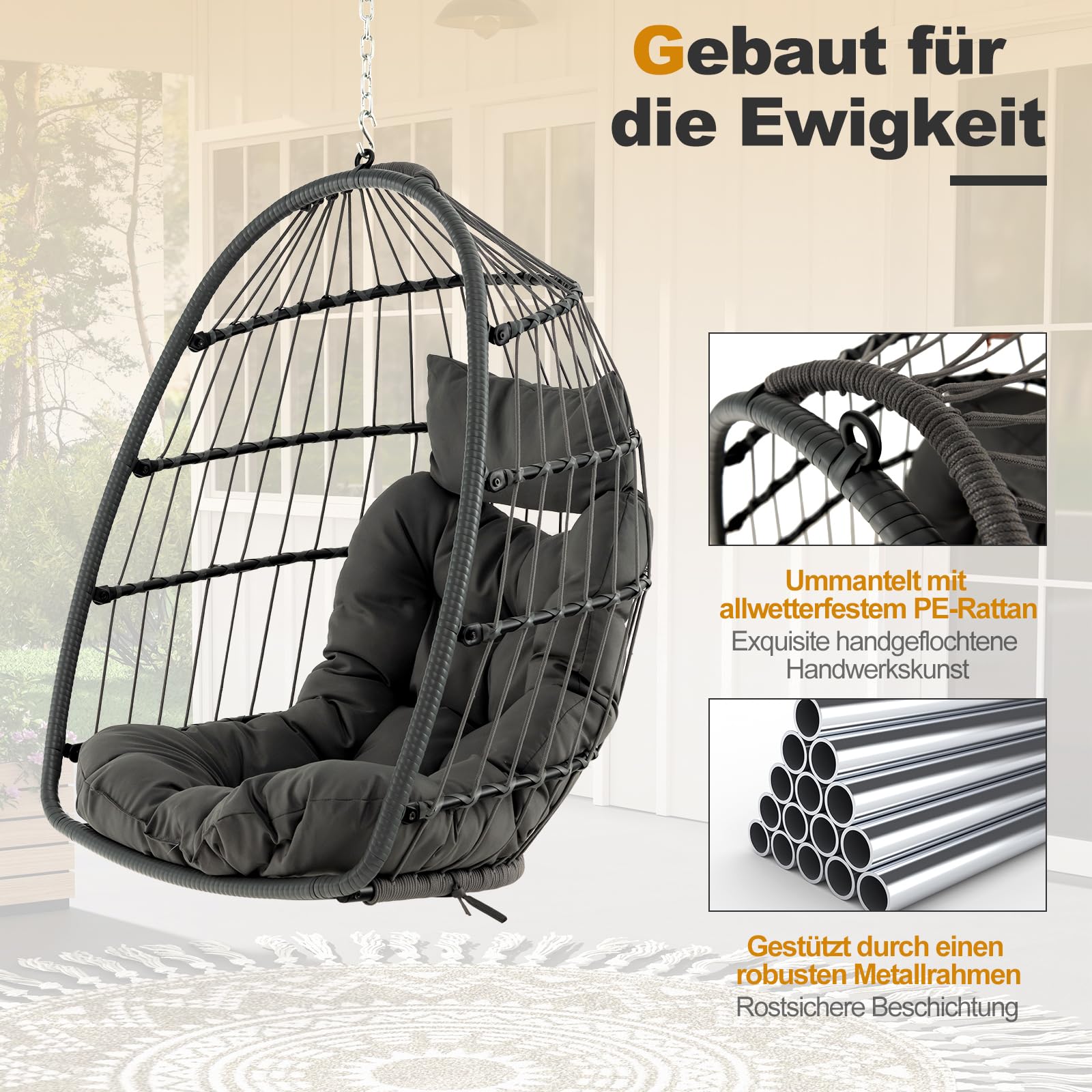 DREAMADE Hängesessel mit Sitzkissen & Kopfstützkissen, klappbarer Hängekorb Hängestuhl Hängesitz Hängeschaukel für Indoor, Outdoor Schaukel Hängestuhl für Kinder und Erwachsene Grau