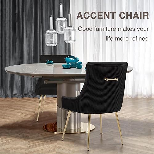 Miniatura 5 de Juego de 2 sillas de comedor modernas con patas de metal dorado, silla de cocina tapizada de terciopelo, respaldo plisado, silla decorativa de