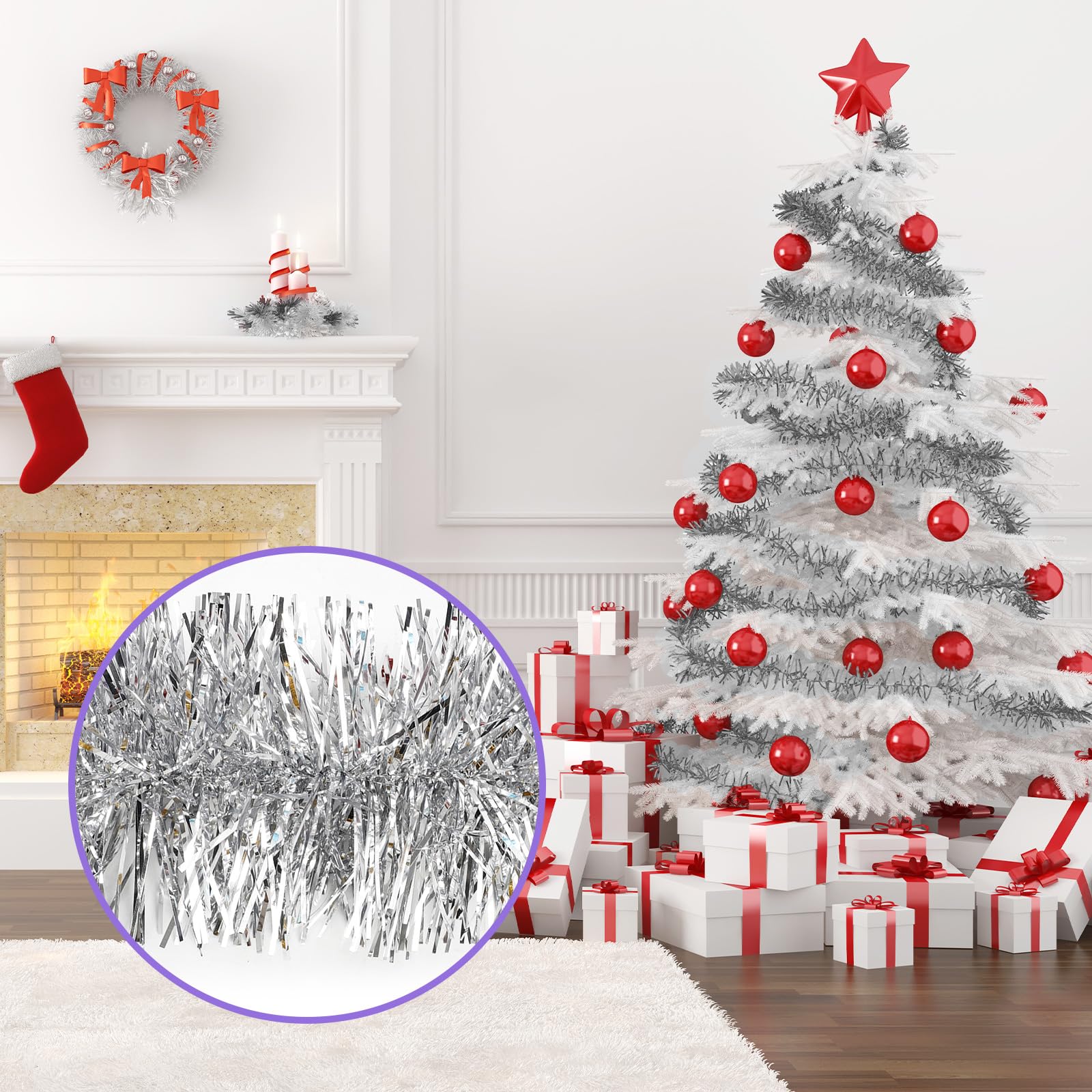 Lot de 2 guirlandes de Noël argentées de 7,6 m - Décoration murale - Pour sapin de Noël, fête d'anniversaire (15 m, argenté)