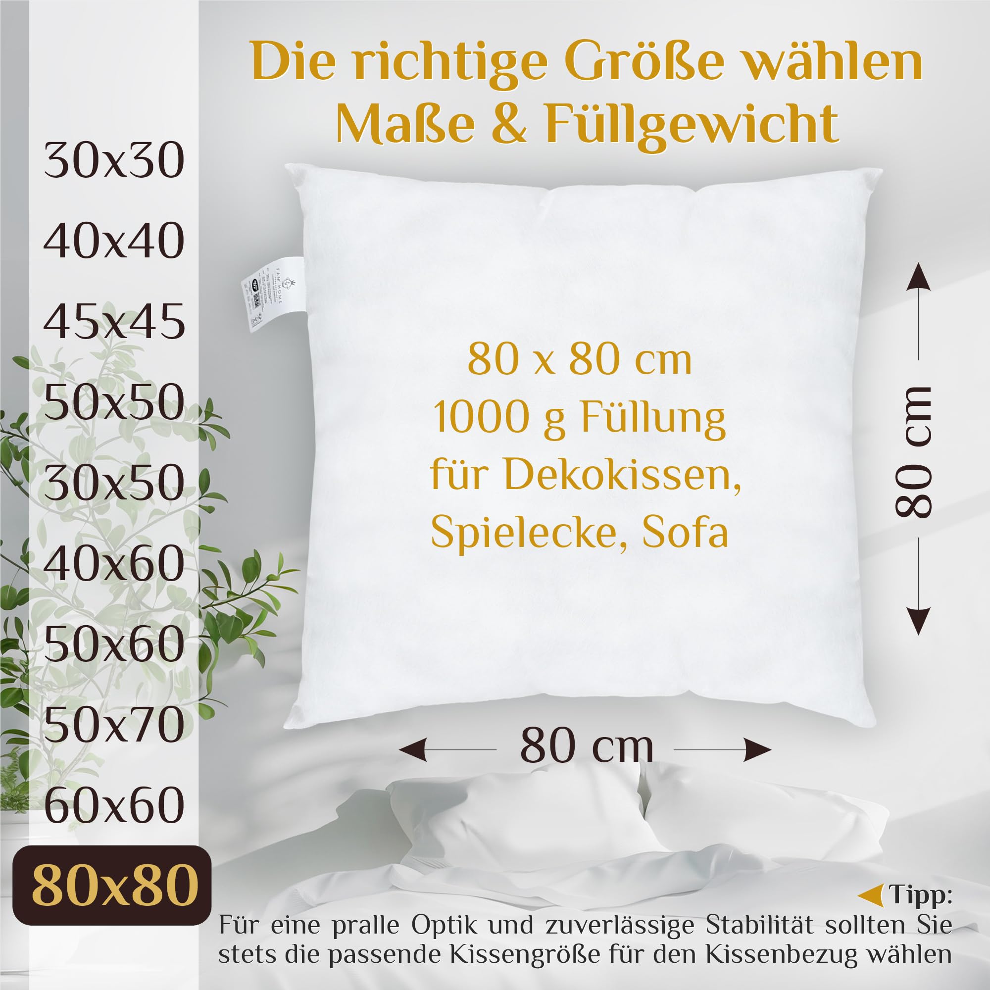 FAM Home Kissenfüllung 80x80 cm 4er Set Sofakissen Dekokissen 1000g | Ideal als Innenkissen & Füllkissen für Zierkissen: Mittelfest, hypoallergen und maschinenwaschbar. Perfekte Form für Bezüge.