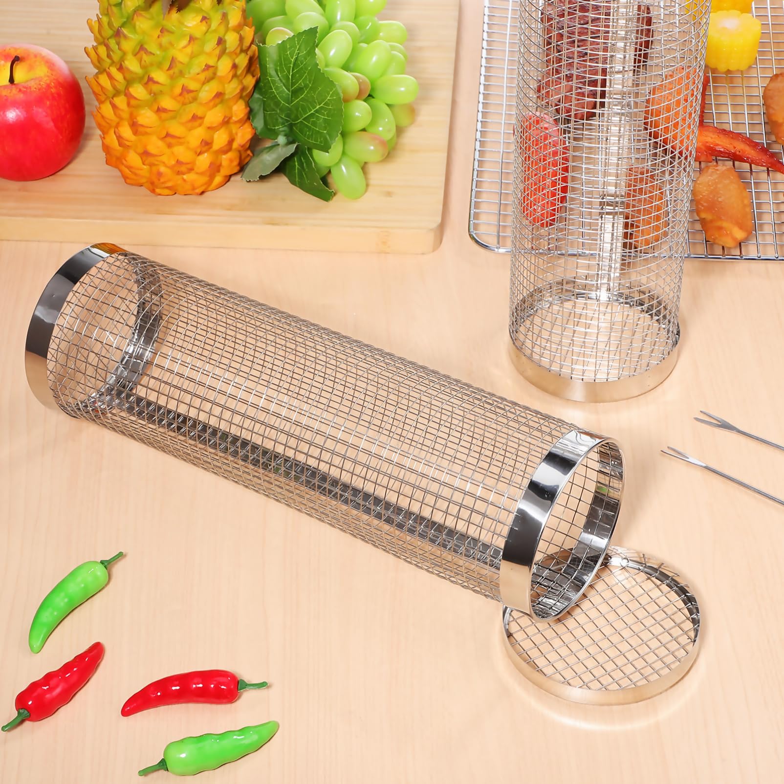 Cestello Rotante per Griglia 2 Pezzi in Acciaio Inox 304 | Forma Tonda, Grande Capacità, Facile Girare e Pulire, per Verdure e Alimenti Durante Campeggio e Barbecue