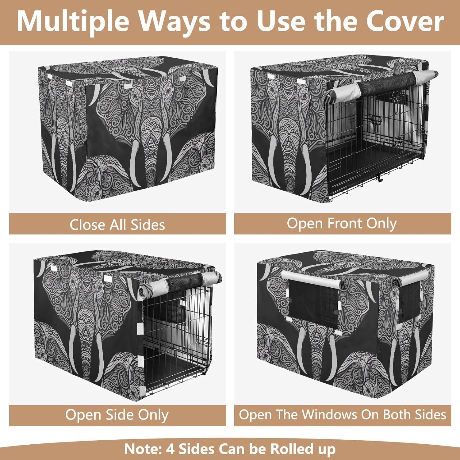Elephant Mandala Dog Crate Cover Roll-up Side Panels, Covers for Pet Cages, X-Large