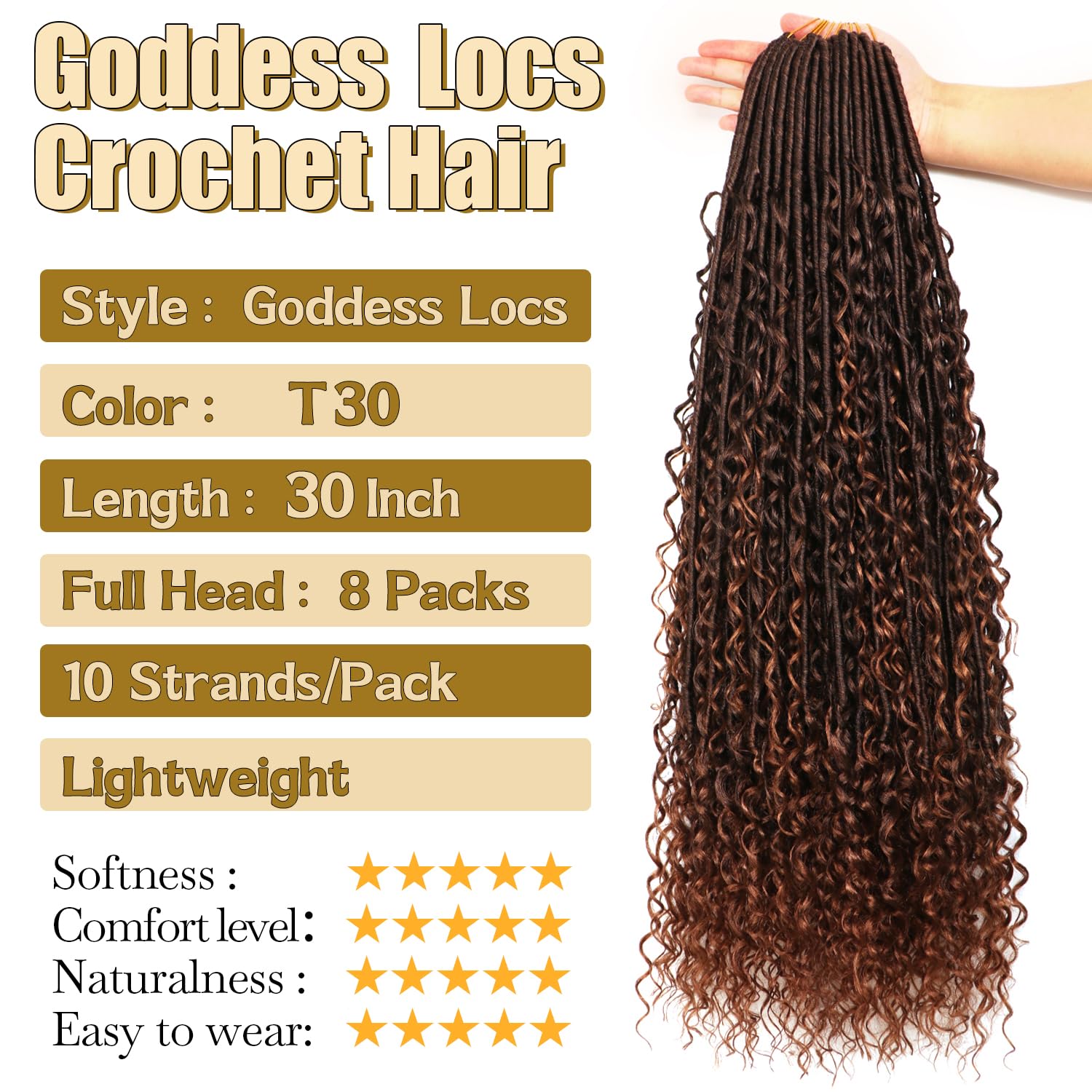 Goddess Faux Locs Crochet Hair, Pre-Looped Synthetic Curly Locs, 8 Packs