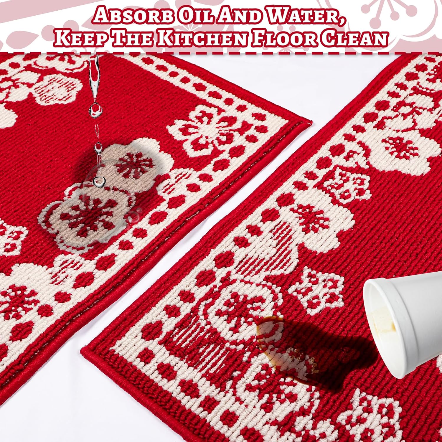 Kitchen Rugs Set of 3, Japanese Cherry Blossom Kitchen Mats for Floor Nylon TPR Non-Slip Washable Sink & Standing Mats Absorbent Resist Dirt Kitchen Runner Floral Rug (Red, 20"x59"+20"x47"+20"x32")