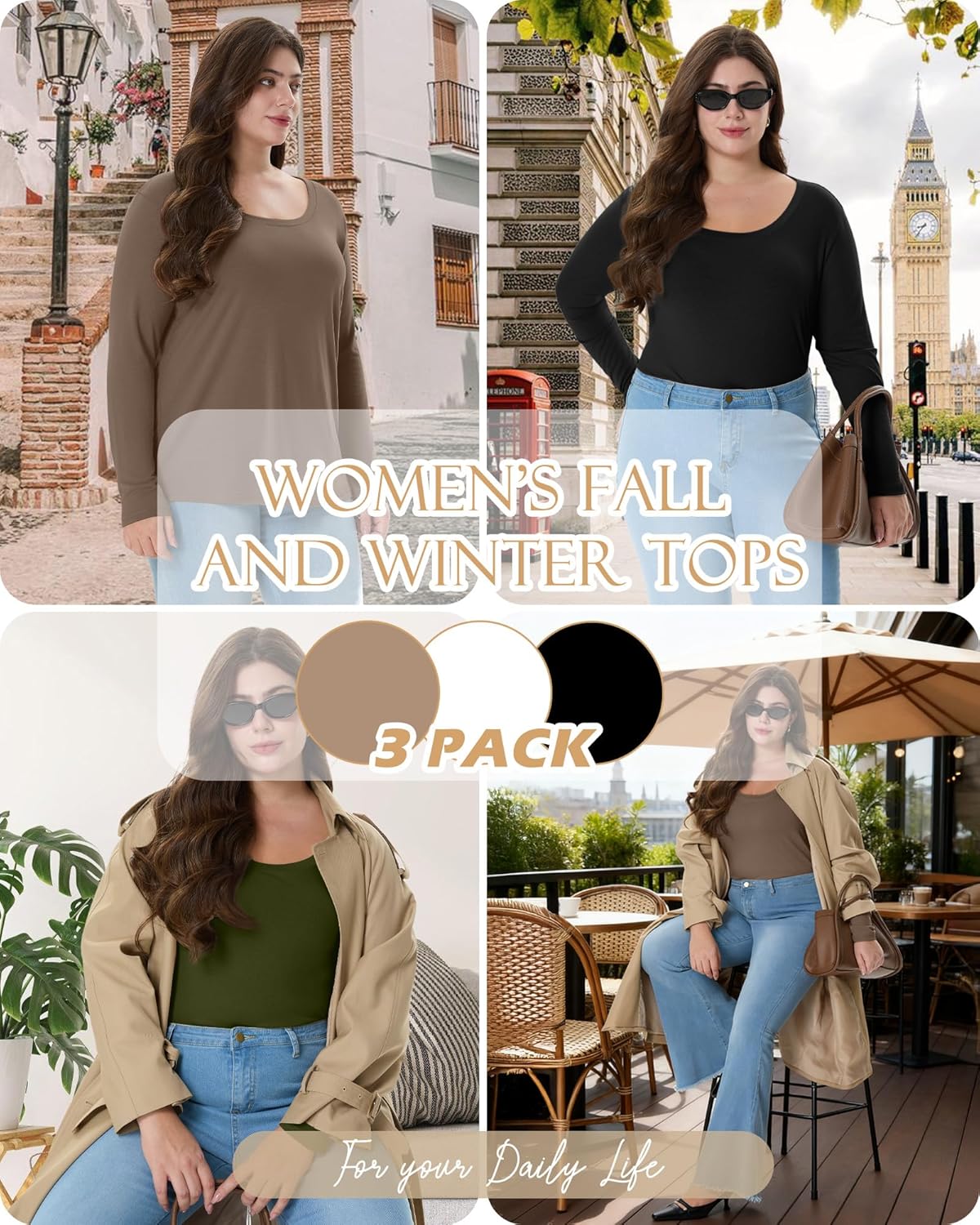 3 Pack Women's Plus Size Scoop Neck Long Sleeve Shirts, U Neck Loose Layer Tops Casual Soft Solid Basic Tees Blouses - Image 2