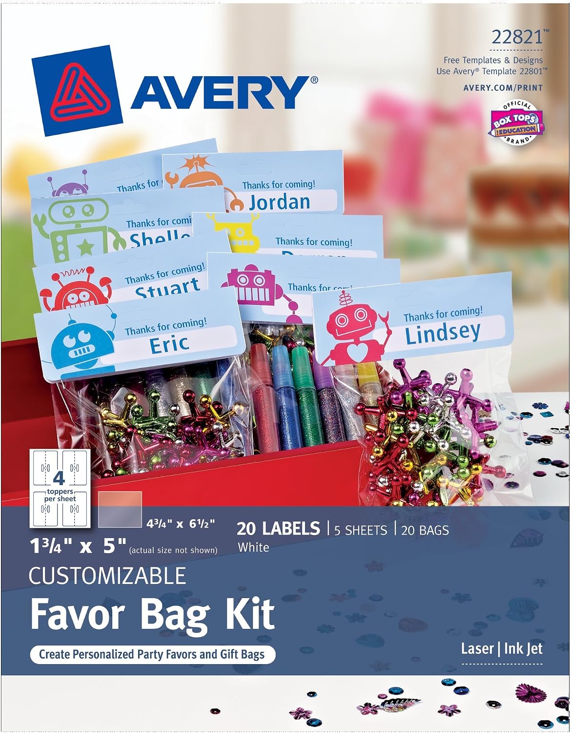 Avery Customizable Favor Bag Kit, 1.75" x 5", 20 Pack (22821)