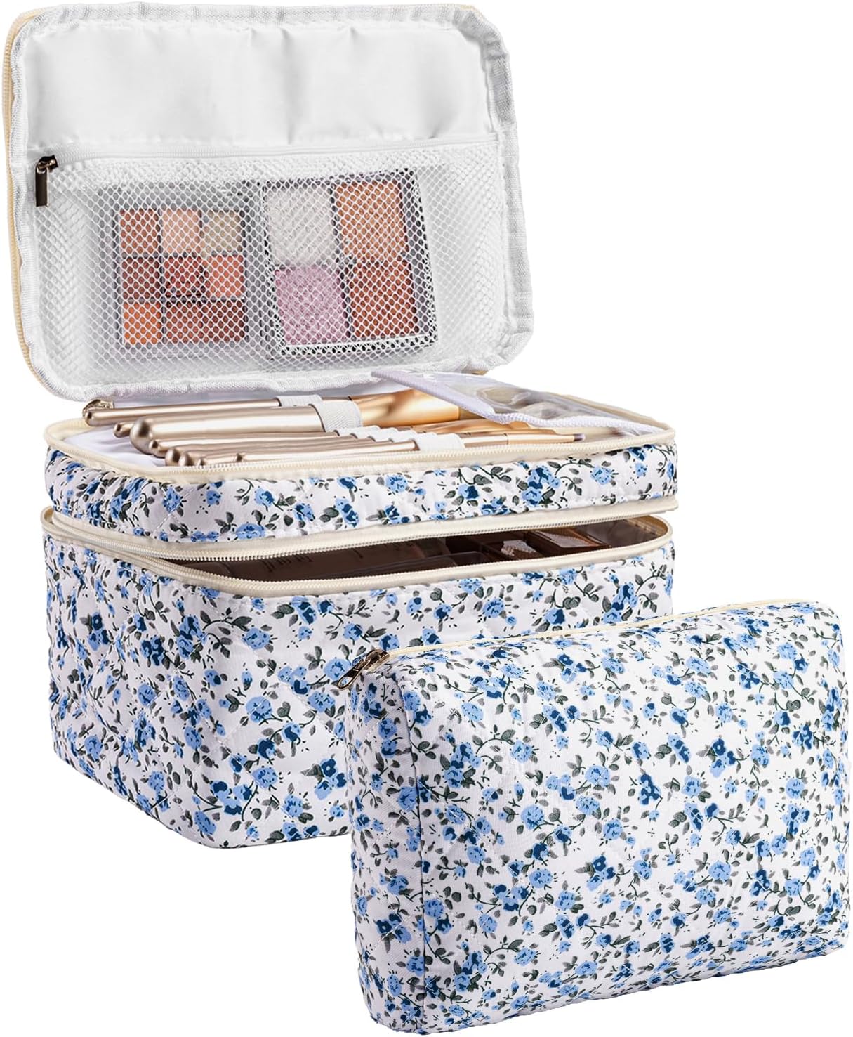 HBselect 2Pcs Travel Makeup Bag, Large Cotton Quilted Makeup Bag Cosmetic Bag Cute Make up Bag Toiletry Bags for Women Girls