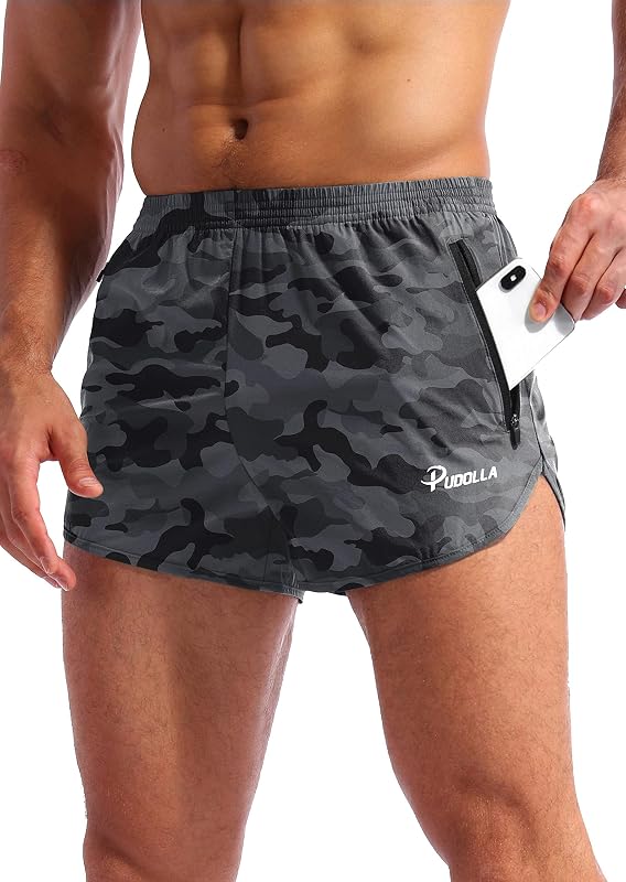 Pudolla Pantalones cortos para correr para hombre, pantalones cortos de entrenamiento atlético de secado rápido de 3 pulgadas para hombre con bolsillos con cremallera