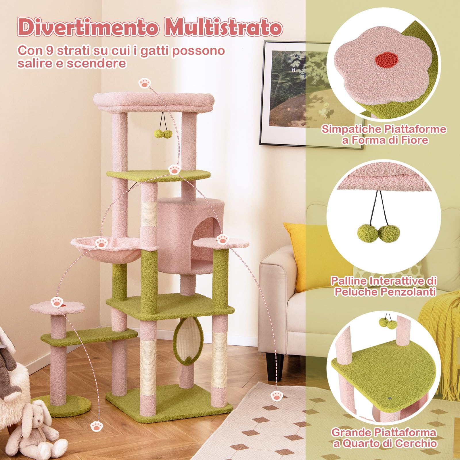 COSTWAY Tiragraffi per Gatto Alto 150 cm Stile Floreale, Albero Tiragraffi Gatti con Pali in Sisal, Piattaforme, Grotta e Pompon, Torre Gatto Rivestito in Peluche, Rosa e Verde