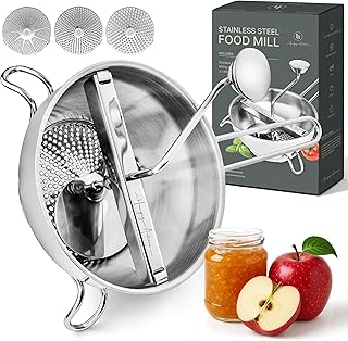 Ergonomic Food Mill Stainless Steel With 3 Grinding Discs - Rotary Food Mill for Tomato Sauce, Applesauce, Puree, Mashed Potatoes, Jams, Baby Food
