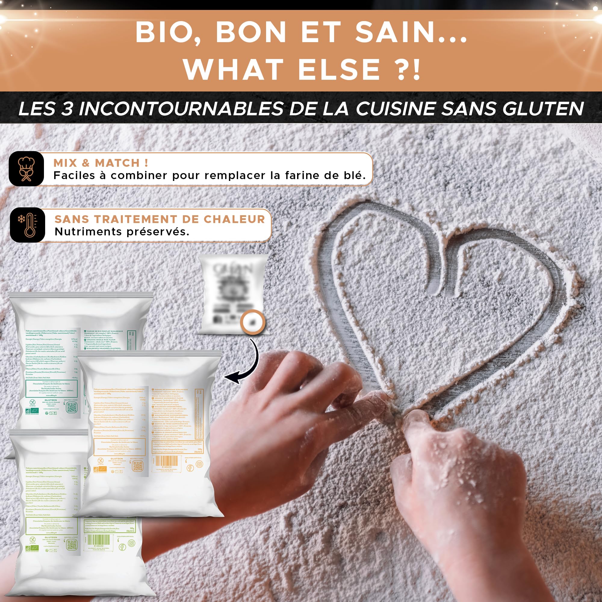 TRIO de farines sans gluten Bio GLUTZEN. 1x farine de sarrasin, 1x farine de riz complet, 1x farine de riz blanc. Cœliaque, Vegan, Keto, Paléo, Sans Allergènes, Protéiné, Sportif.