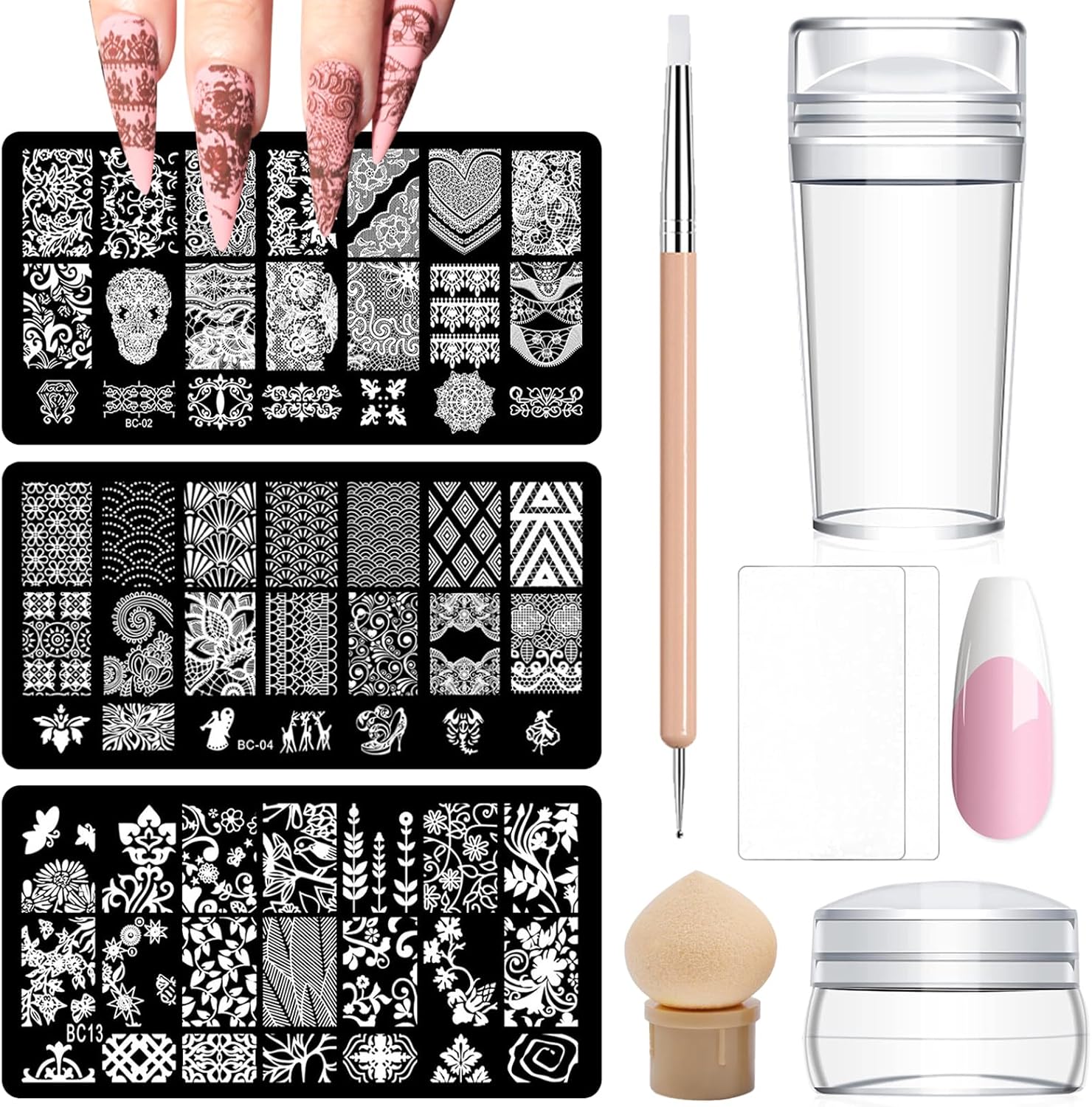 Set van 9 Franse nagelstempelkit, nagelkunst stempelen sjablonen manicure tool kit, nail art jelly stempel met siliconen kussen, nagelstempel, gel nagellak set voor doe-het-zelf nail art