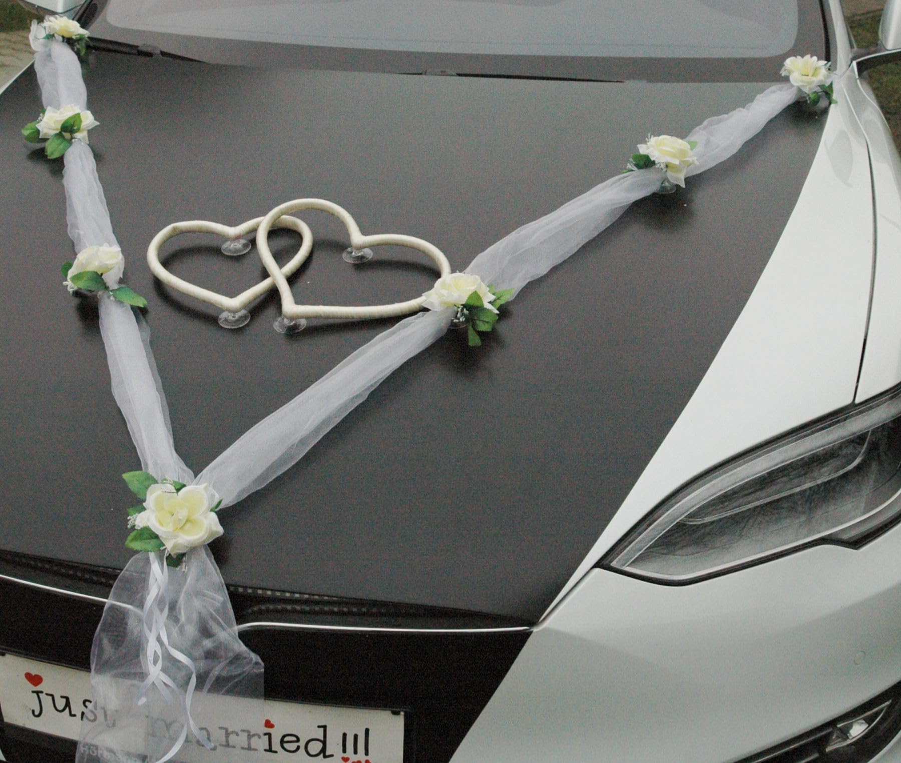 HERZSCHMUCK Auto Schmuck Braut Paar Rose Deko Dekoration Autoschmuck Hochzeit Car Auto Wedding Deko Girlande PKW (M Ecru weiß)