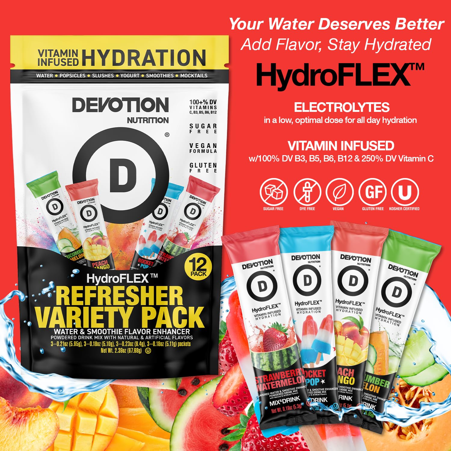 Devotion Nutrition HydroFLEX Water Flavoring Packets – Sugar-Free Hydration with Vitamins & Electrolytes – Dye-Free, Gluten-Free (4-Flavor Refresher Variety Pack) 12-Pack Drink Mix - Image 3