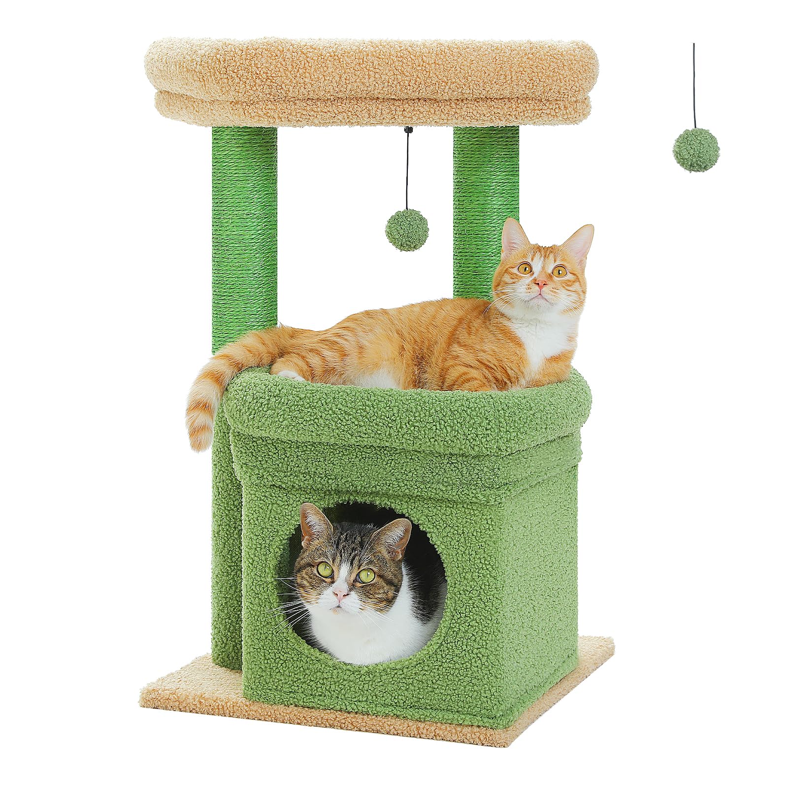 PAWZ Road Small Cat Tree, Multi-Level Cat Tower with Sisal-Covered Scratching Post, Cozy Condo and Top Perch for Indoor Cats, Applicable to Summer, Green