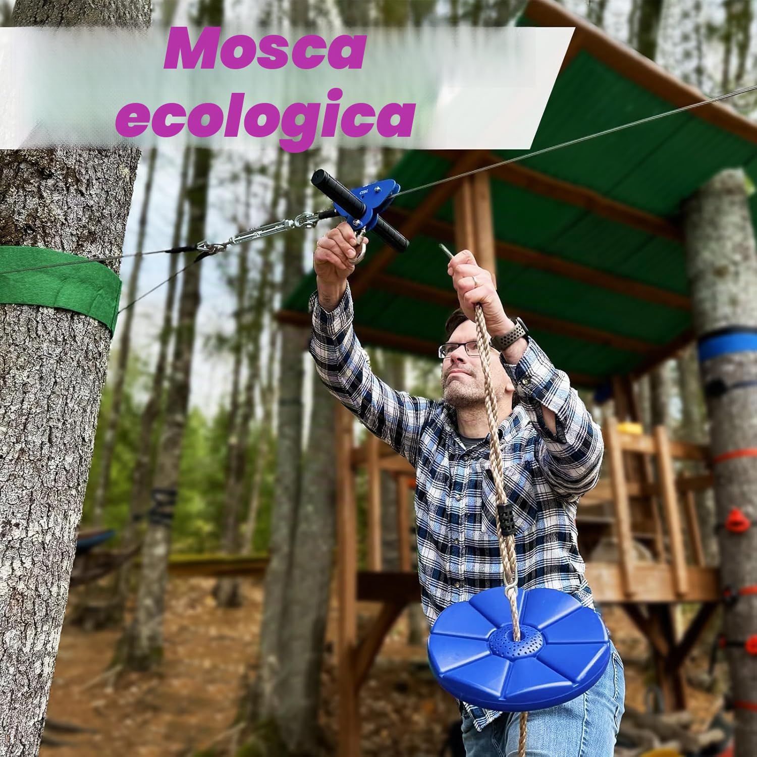 CTSC Set teleferica giocattolo da giardino per famiglie, teleferica per bambini esterni 25m, con freno a molla in acciaio inox, carrucola trolley, cintura di sicurezza, divertimento colorato e