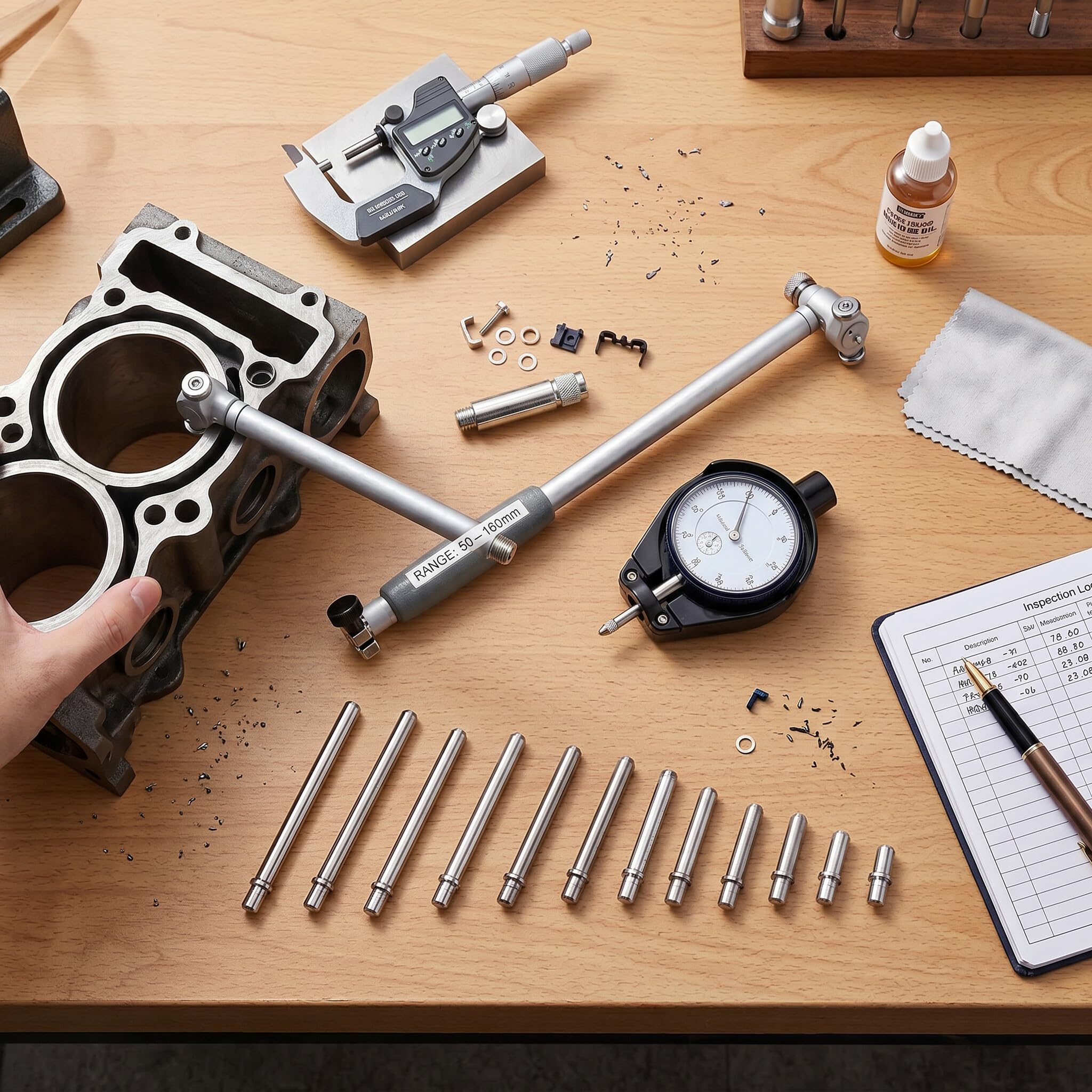 Greensen Innendurchmesser-Messgerät 50-160 mm, Präzisions-Messuhr Set mit 12 Messköpfen & Führungsbrücke, Selbstzentrierend, Messbereich 0,01 mm, für Bohrungen & Zylinder