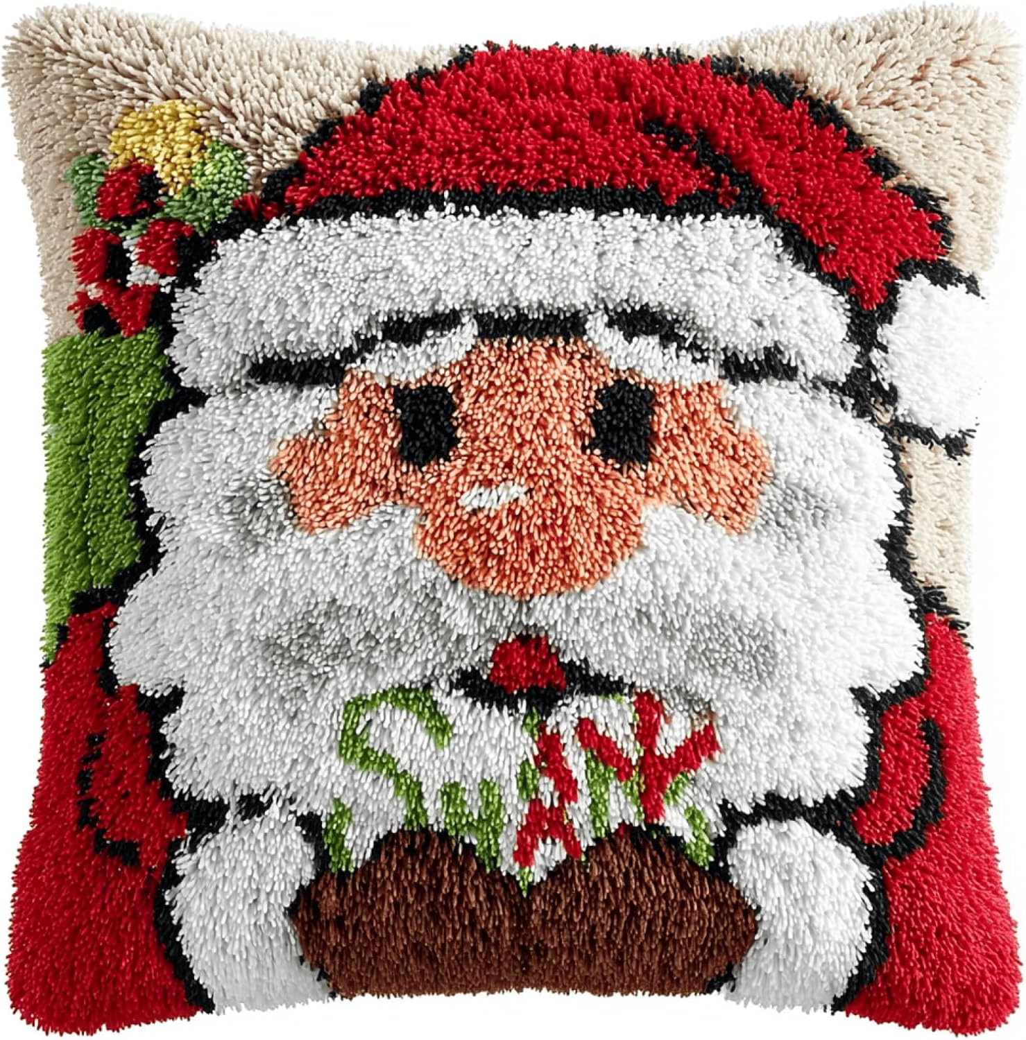 Amcdjkery Latch Hook Kit for Beginners,DIY Christmas Pillow Cover Craft with Plush Yarn,Santa Claus Bear,17x17 in Cozy Festive Cushion for Home Decor,Complete Needlework Rug Making Supplies