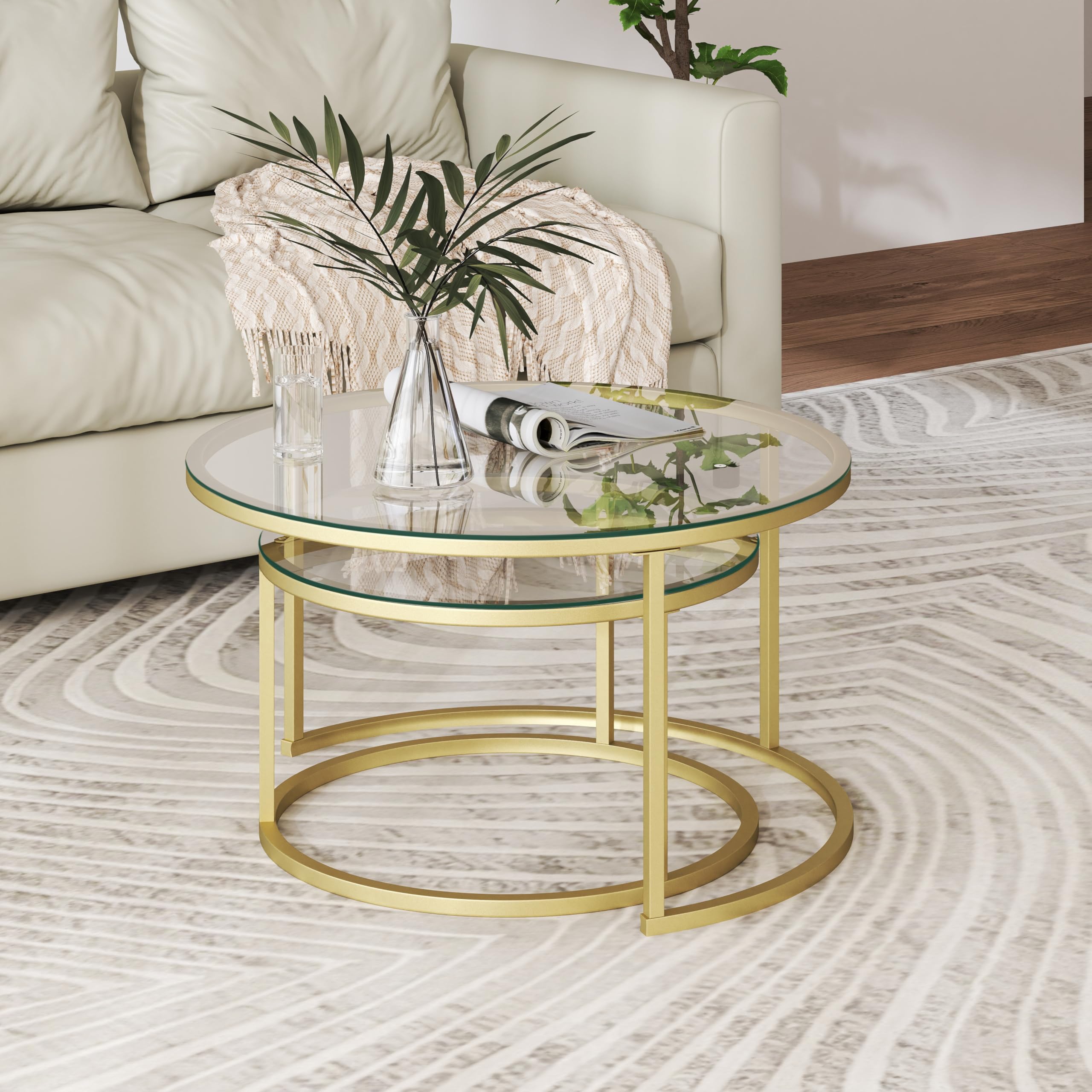 Set di 2 Tavolino da Caffè in Vetro, Rotondo Impilabile per Soggiorno, Gambe in Metallo Dorato, Tavolino Soggiorno Moderno 80x45 cm + 60x35 cm (Vetro+Oro)