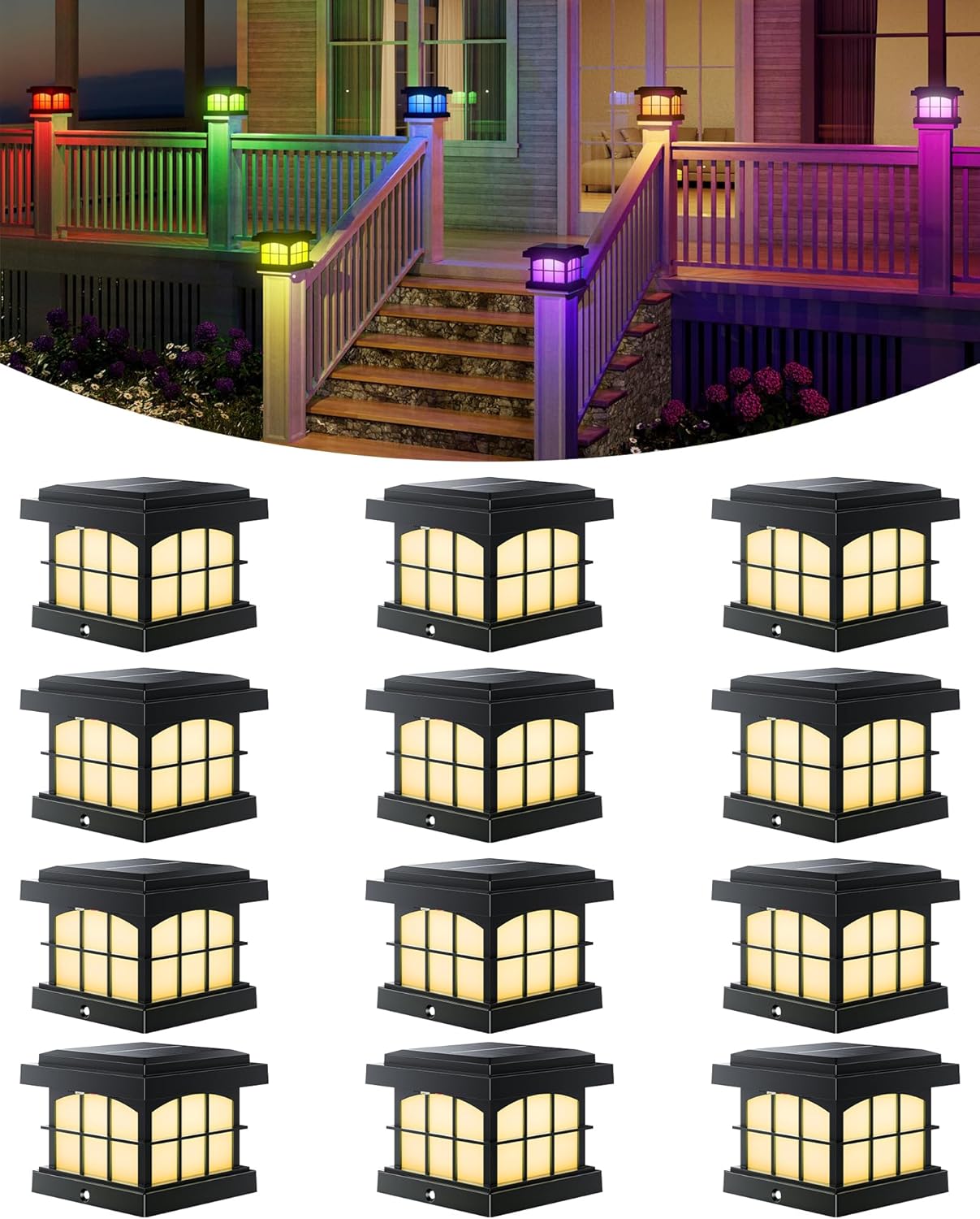 PARTPHONER RGBCW Solar Post Cap Lights 12-Pack, 9 Colors 3 Modes Fence Cap Lights, Bright Solar Outdoor Waterproof LED Deck Lighting for Fence Garden Deck Patio Porch Decor 4x4 Vinyl/Wood, Black