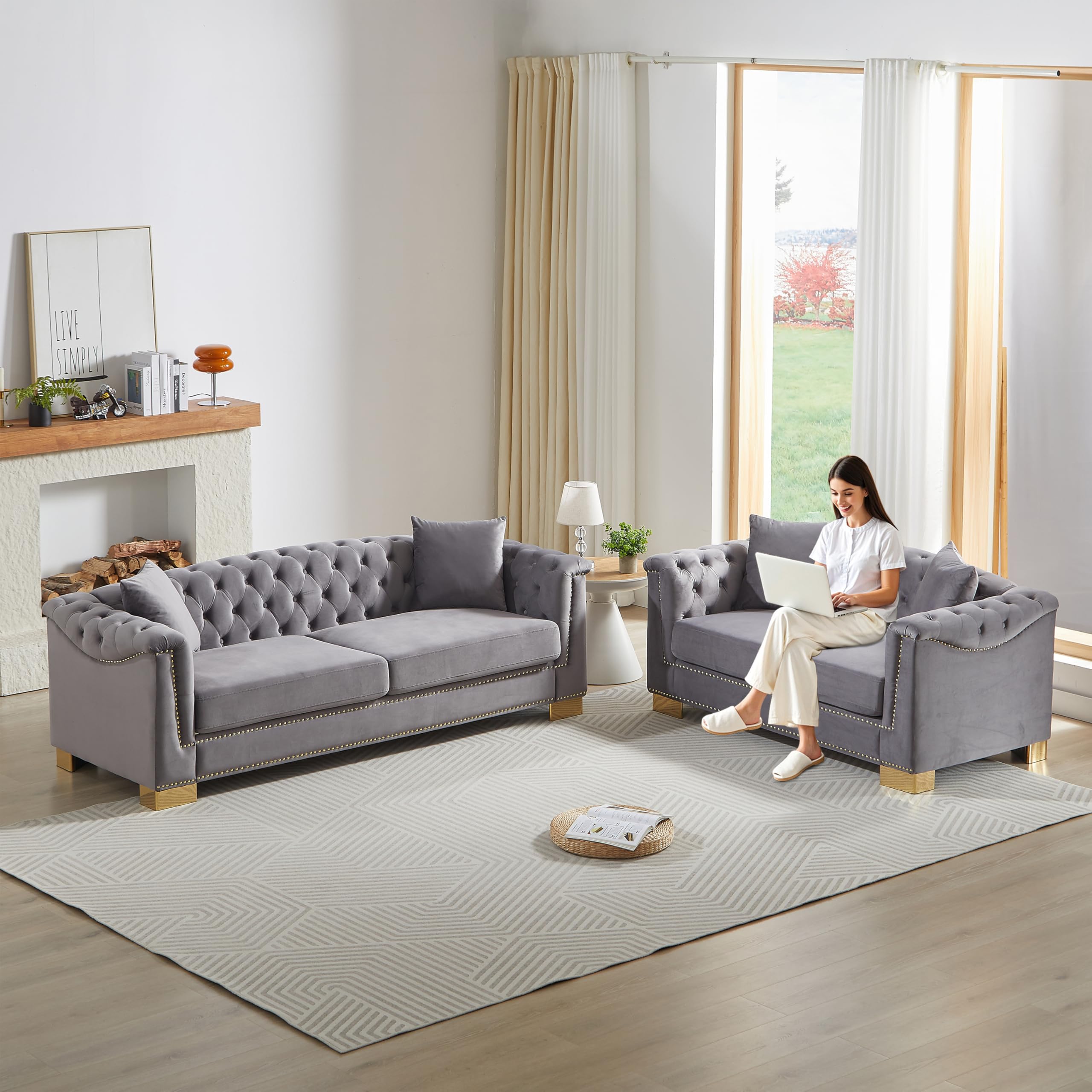 2 Pieces Chesterfield 84" 3-Seater + 62" Loveseat Grey Velvet Combination Sofa Sets, 4 Cushion Classic 6.5" Rolled Arm Modern Couch Suitable for Living Room