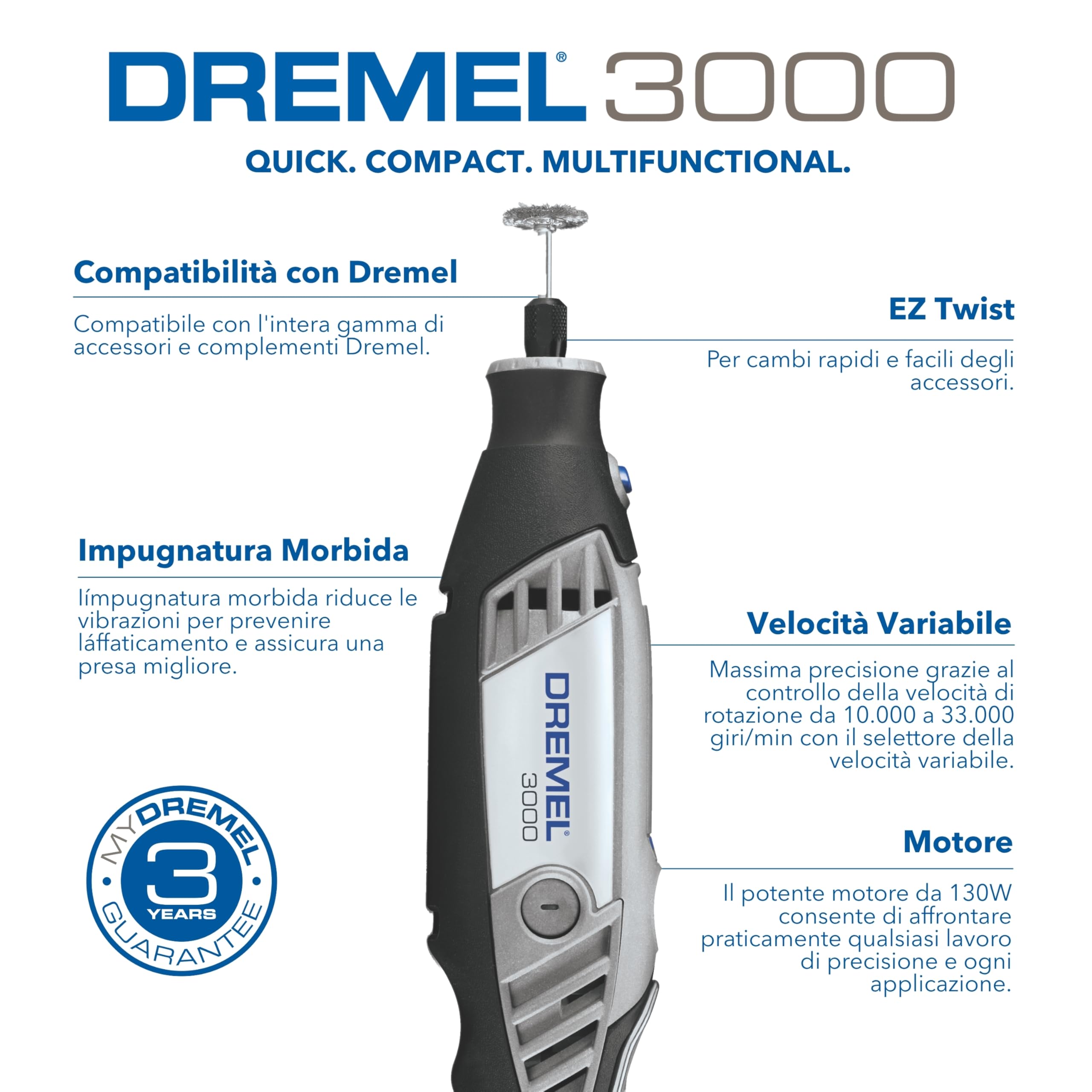 Dremel 3000 Outil Rotatif Multifonction 130W avec 1 Adaptation 25 Accessoires, Vitesse Variable 10000-33000 tr/min pour Découper, Poncer, Percer, Nettoyer, Sculpter, Polir, Graver, Meuler