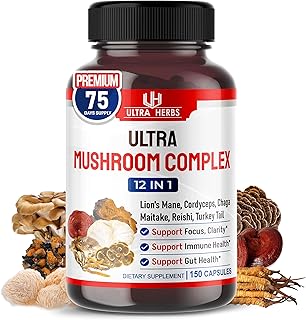 Ultra Mushroom Supplement Complex w Lion's Mane Cordyceps Maitake - 8 in 1 Mushroom Brain Supplements for Enhanced Clarity and Focus | 150 Capsules