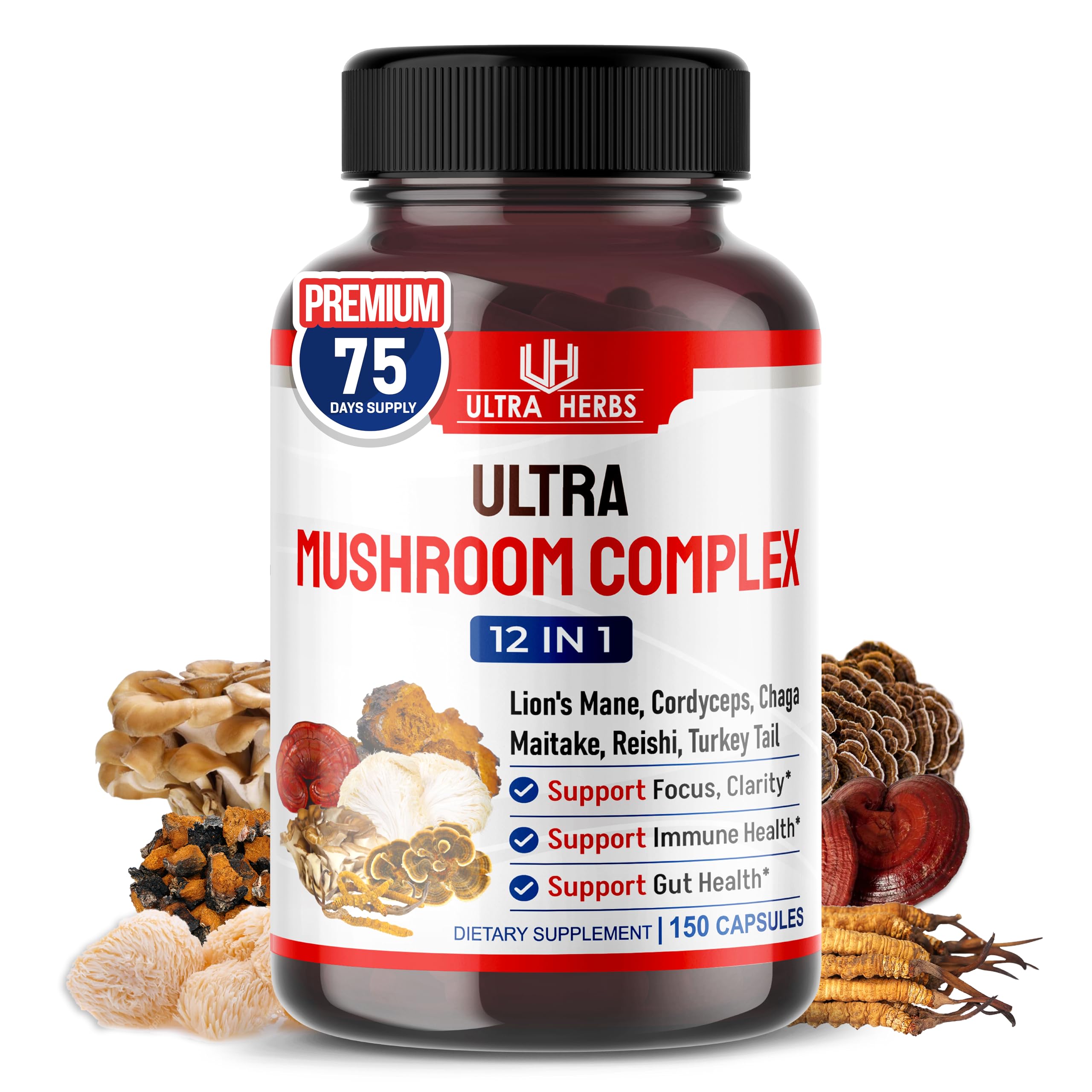 Ultra Mushroom Supplement Complex w Lion's Mane Cordyceps Maitake - 8 in 1 Mushroom Brain Supplements for Enhanced Clarity and Focus | 150 Capsules