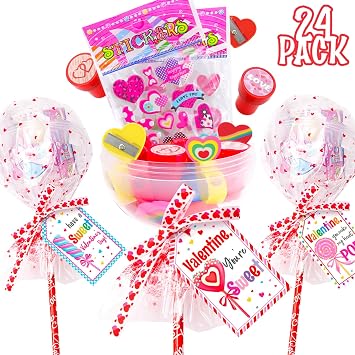 Valentines Day Gifts for Kids - 24 Pack Giant Lollipop-Shaped Stationery Set with Valentines Cards Pencils Stickers Erasers Stampers Sharpener for Classroom Exchange School Boys Girls Party Favors