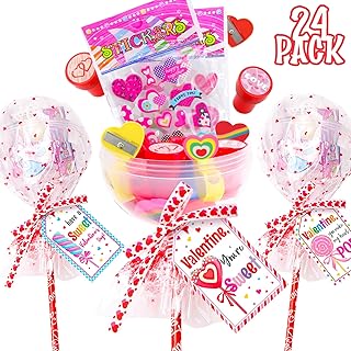Valentines Day Gifts for Kids - 24 Pack Giant Lollipop-Shaped Stationery Set with Valentine's Cards Pencils Stickers Erasers Stampers Sharpener for Classroom Exchange School Boys Girls Party Favors