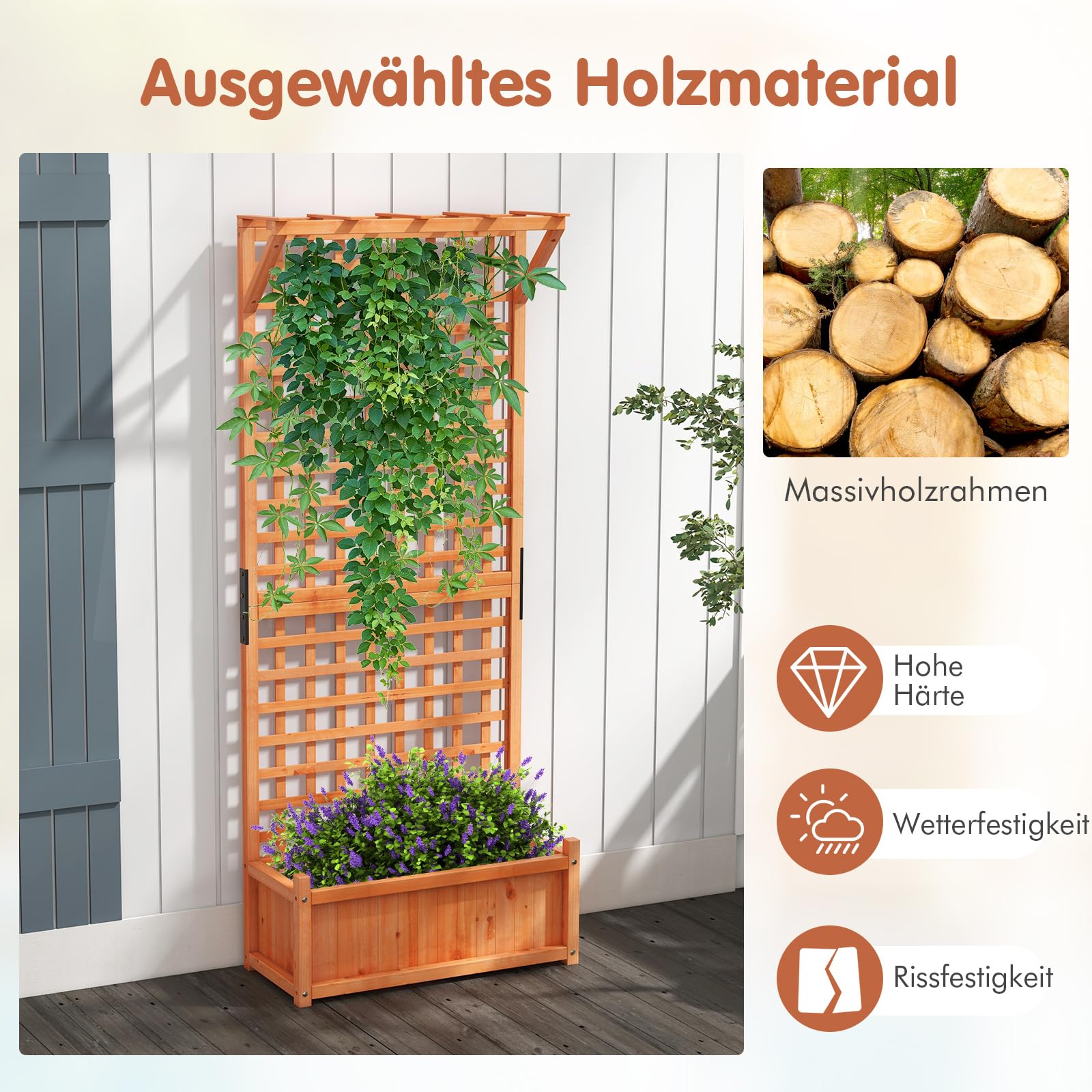 GOPLUS Blumenkasten mit Rankgitter, Pflanzkasten Holz mit Dach & Sichtschutz, Hochbeet mit Spalier für Kletterpflanzen, Gartenbeet mit Drainagelöchern, Pflanzkübel für Balkon & Garten, 75x33x183 cm