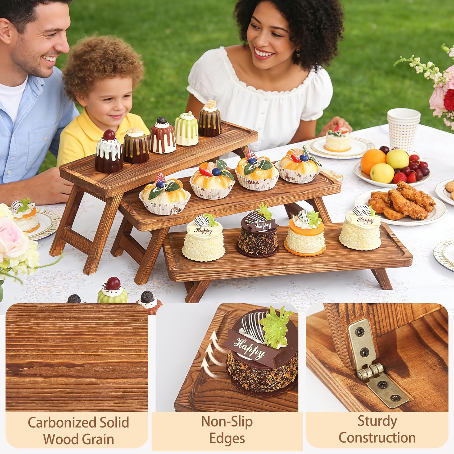 3 Tier Wooden Serving Tray Stand, Foldable Tiered Dessert Display Set for Party, Wedding, Birthday, Christmas, Rustic Charcuterie Boards Table Decor