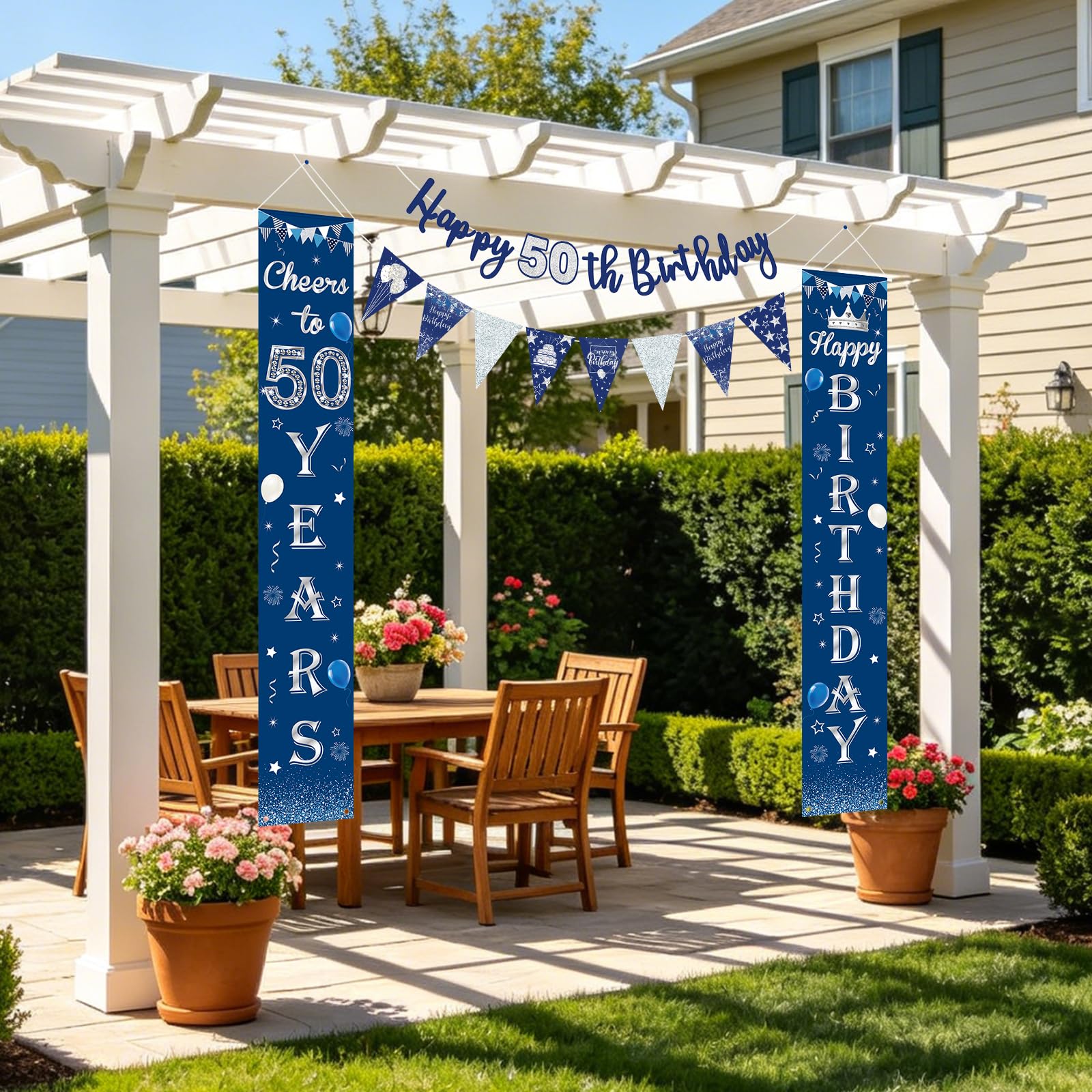 Happy Birthday Porch Sign,Blue Silver Birthday Door Porch Sign Printable Door Bunting Banner Kit for Indoor Outdoor Decor 16th 21st 30th 40th 50th Party Supplies — image 1