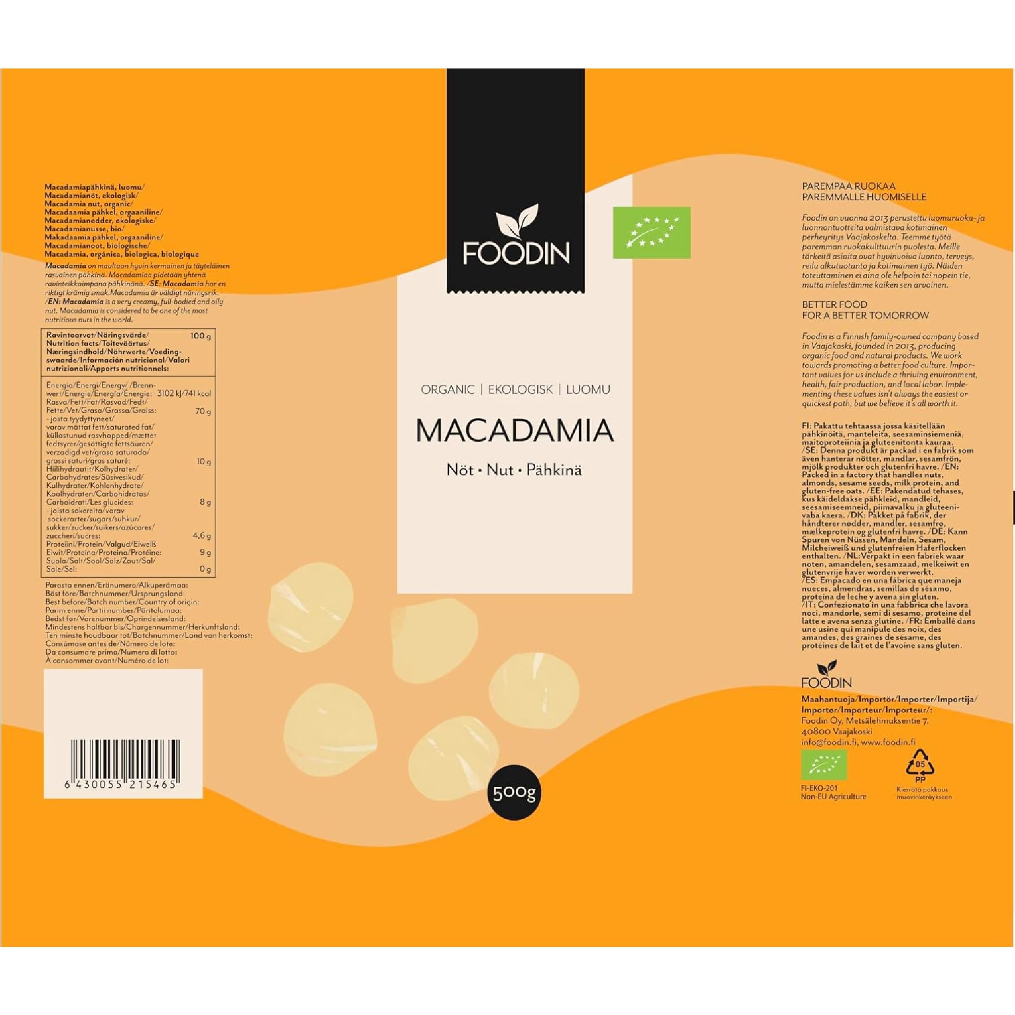 FOODIN Nueces de Macadamia Orgánicas 1 kg (2 x 500 g) – Crudas, Sin Gluten, Veganas, Keto – Frutos Secos Naturales para Snacks, Cocina y Postres