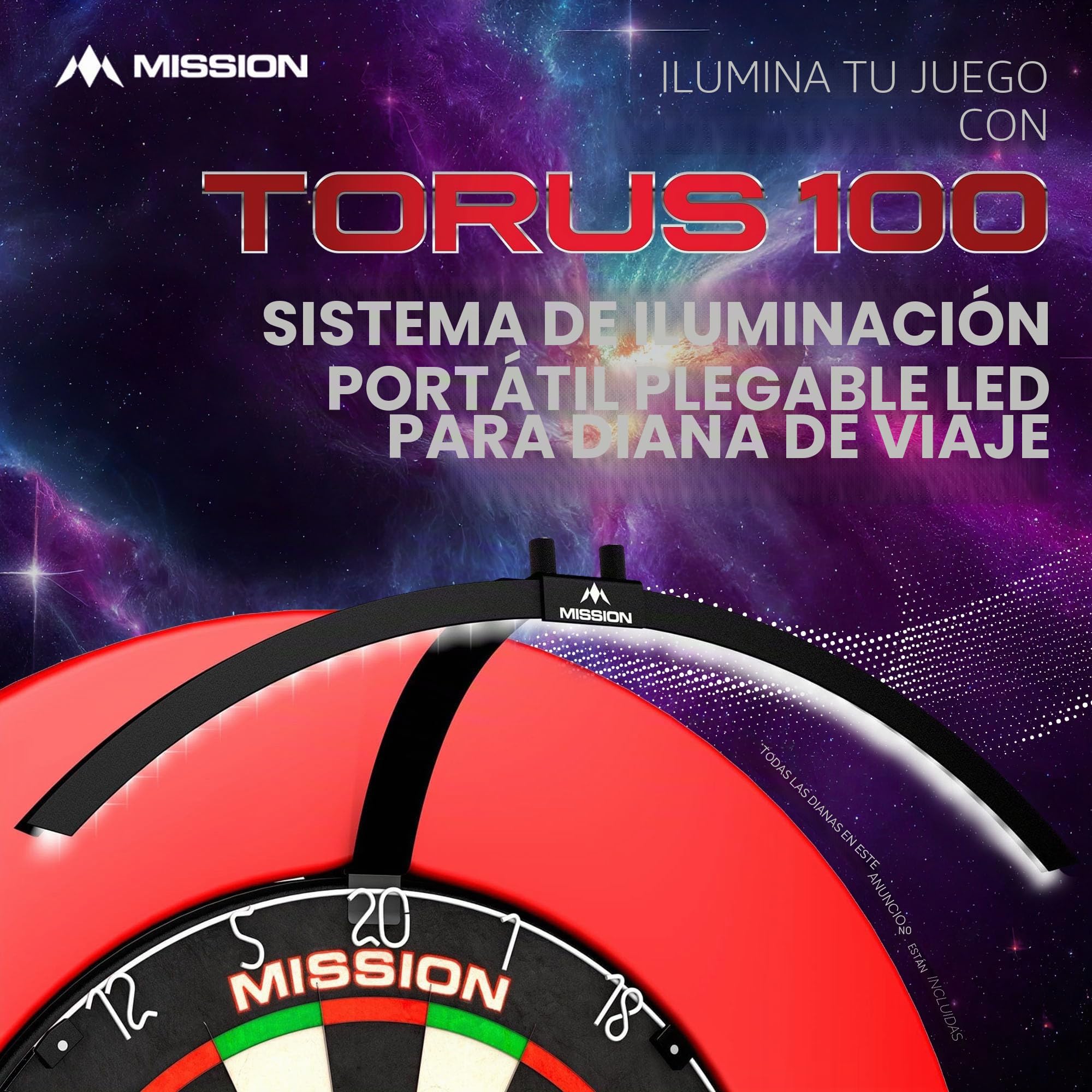Mission Darts TOR100 Torus 100 | Tablero de Dardos LED Plegable portátil Sistema de iluminación de Viaje