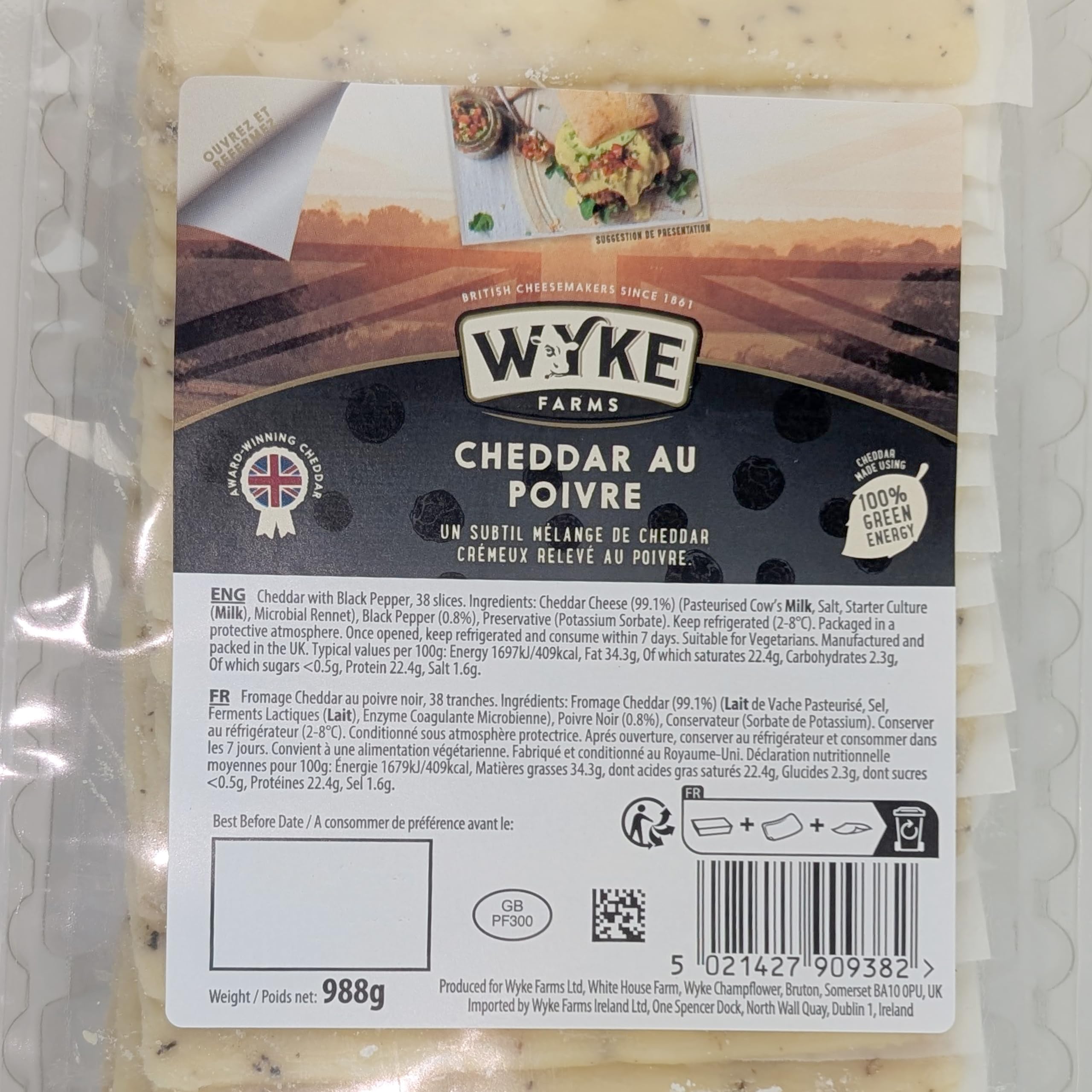 WYKE CHEDDAR-KÄSE mit schwarzem Pfeffer 38 Scheiben 6x 980g Großpackung cheddar cheese leicht scharf englischer Hartkäse ideal zu Burger Sandwiches Pizza Pasta