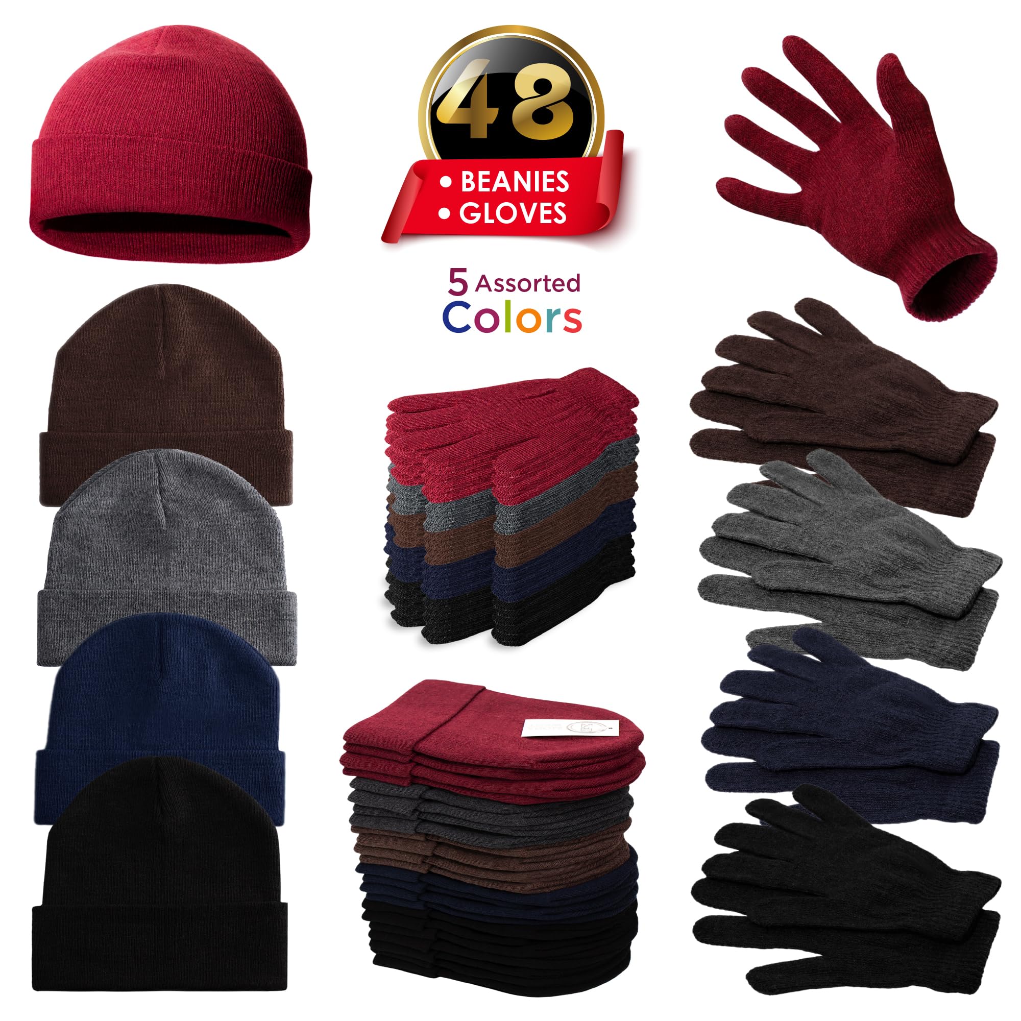 Moda West 96 Pack Bulk Beanies and Gloves - Wholesale Unisex Winter Accessories - 48 Winter Gloves Pairs, 48 Beanies