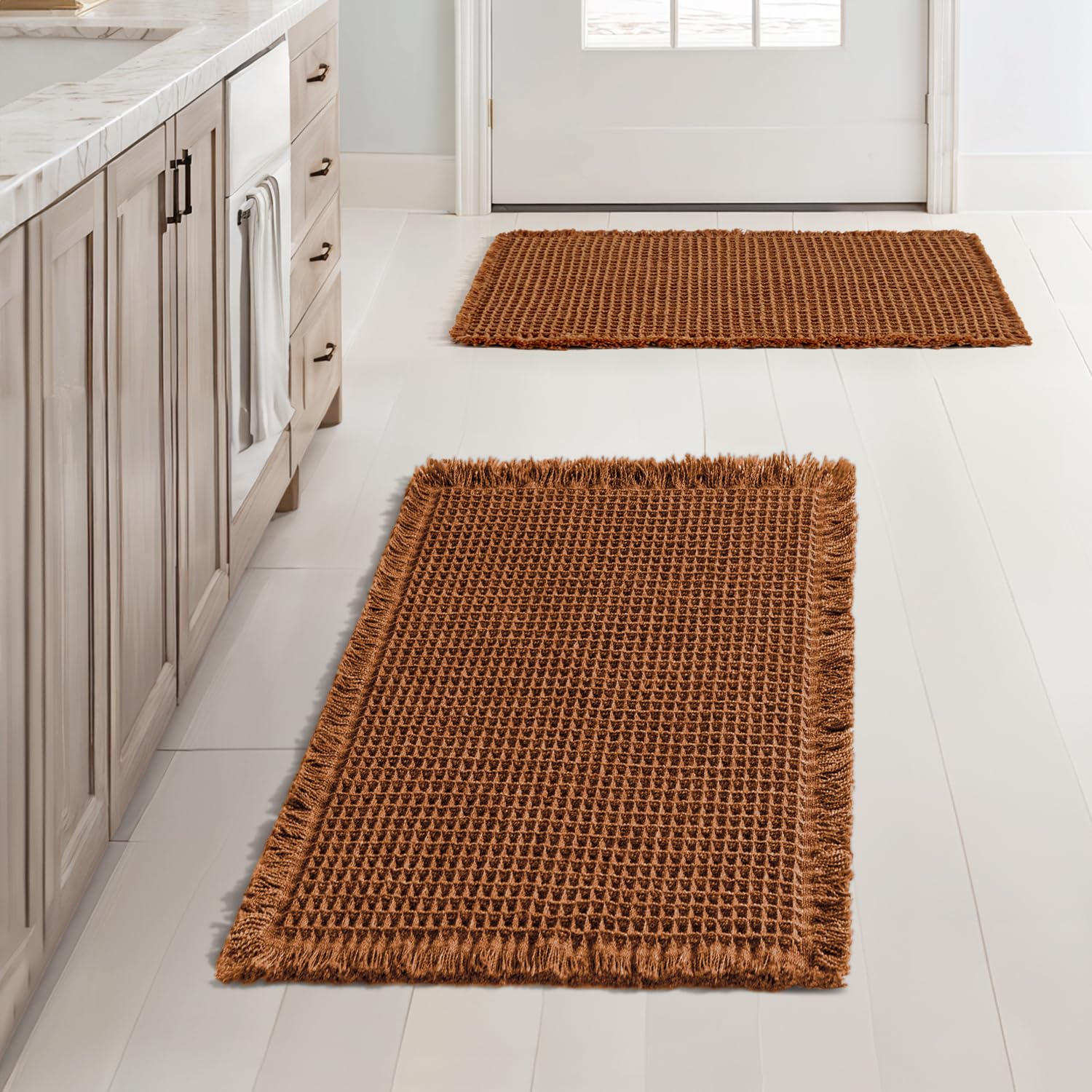 MIULEE Set of 2 Waffle Bathroom Rugs, Fall Boho Bath Rugs Non Slip Washable, Super Absorbent Bath Mats, Ultra Soft Rubber Backed Shower Mats for