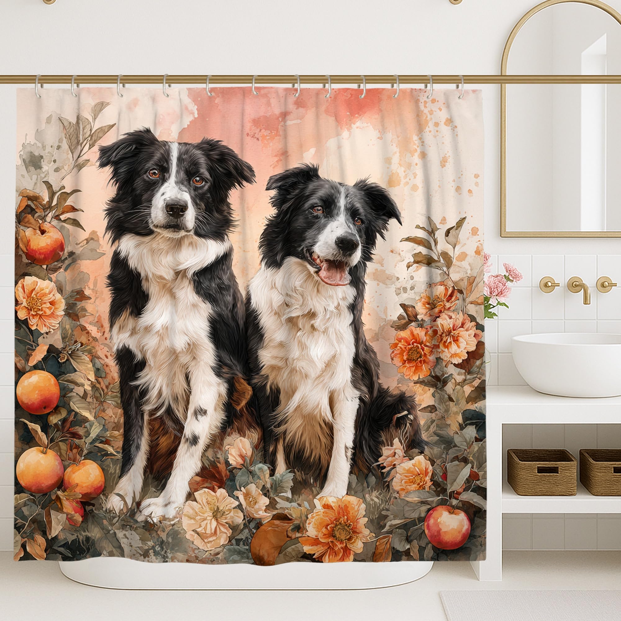 Border Collie Shower Curtain, Floral Peach Orange Green Bathroom Decor, Spring Summer Modern Art Waterproof Fabric Shower Curtain with Hooks 72x78 Inch