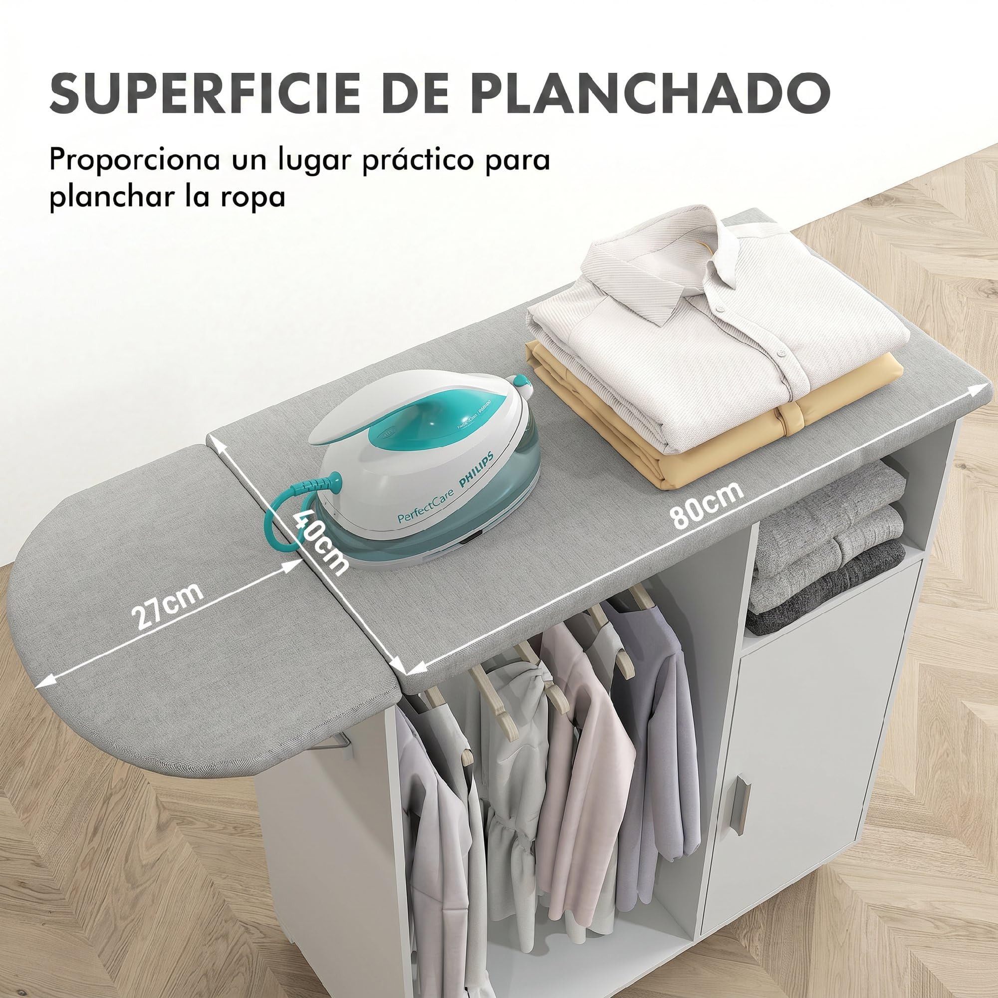HOMCOM Mueble de Planchar de Madera Mueble de Planchado Tabla de Planchar Plegable con Ruedas Barra para Colgar Ropa Estante Abierto Estantes Ajustables para Sala Dormitorio 127x42,5x99 cm Blanco